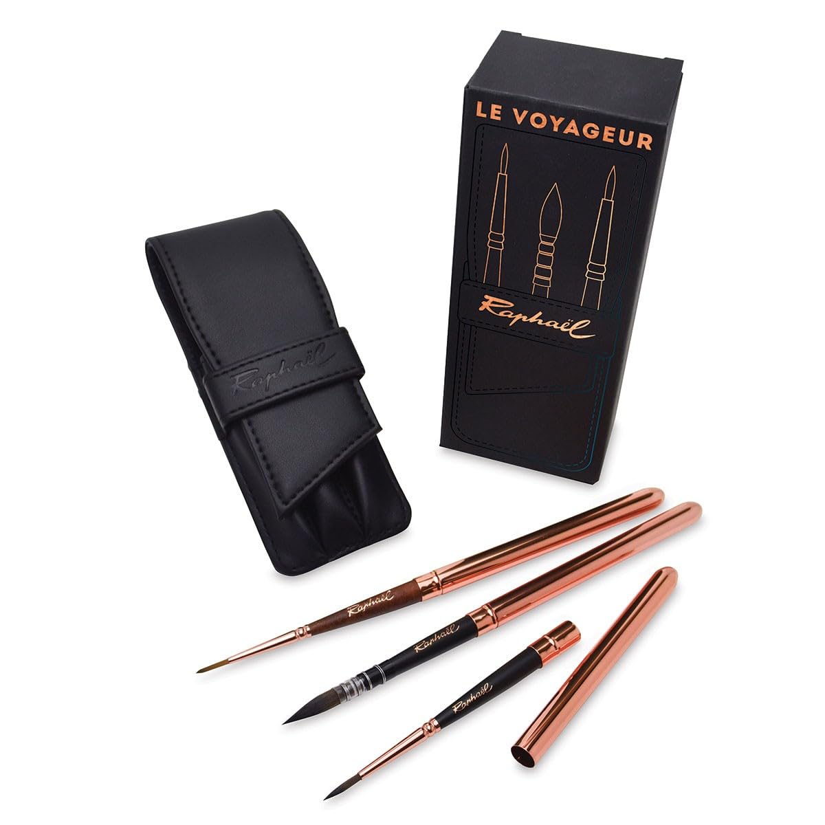 Raphael Le Voyageur Travel Paint Brush Set - 3 Piece Gold Artist Brushes for Watercolor, Oil & Acrylic Painting - Perfect for Artists on the Go & Outdoor Sketching