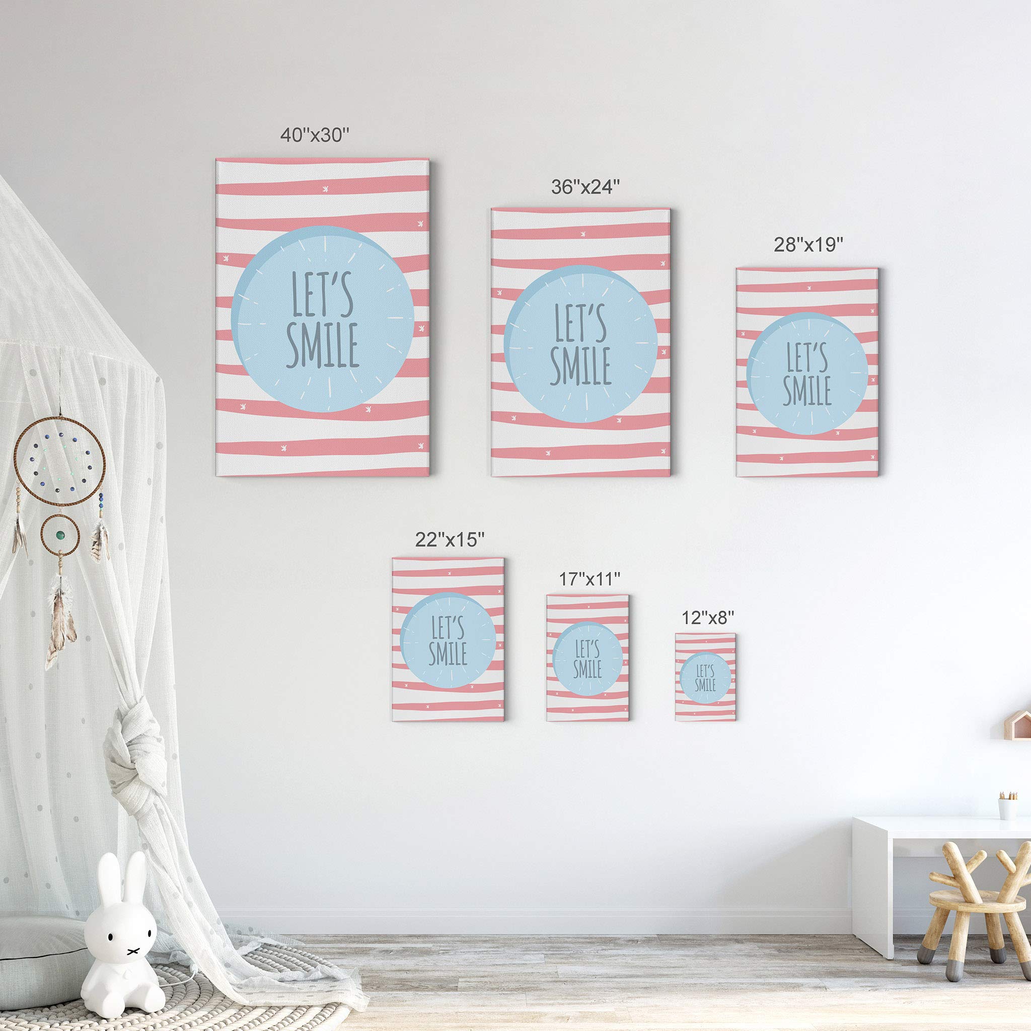Smile Art Design Let's Smile Lettering Pink and White Canvas Print - Kids Room Decor, Nursery Wall Art, Baby Room Decoration - Ready to Hang 22x15 Inches - Made in USA - Perfect for Children's Bedrooms, Playrooms & Daycare Centers
