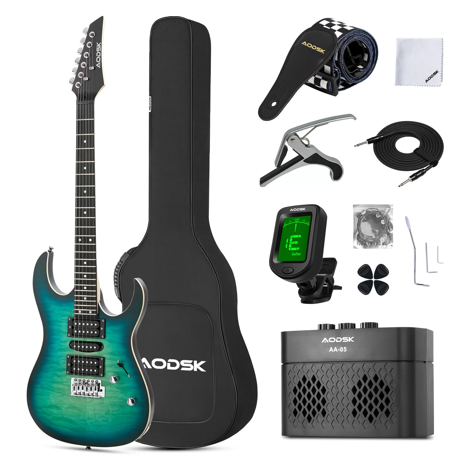 AODSK 39 Inch Full Size Solid Body Electric Guitar Beginner Kit with Amp, Digital Tuner, 6 Strings, 4 Picks, Tremolo Bar, Strap & Gig Bag - HSH Pickups (Blue) | Perfect for Beginners, Practice, Live Performances & Home Recording