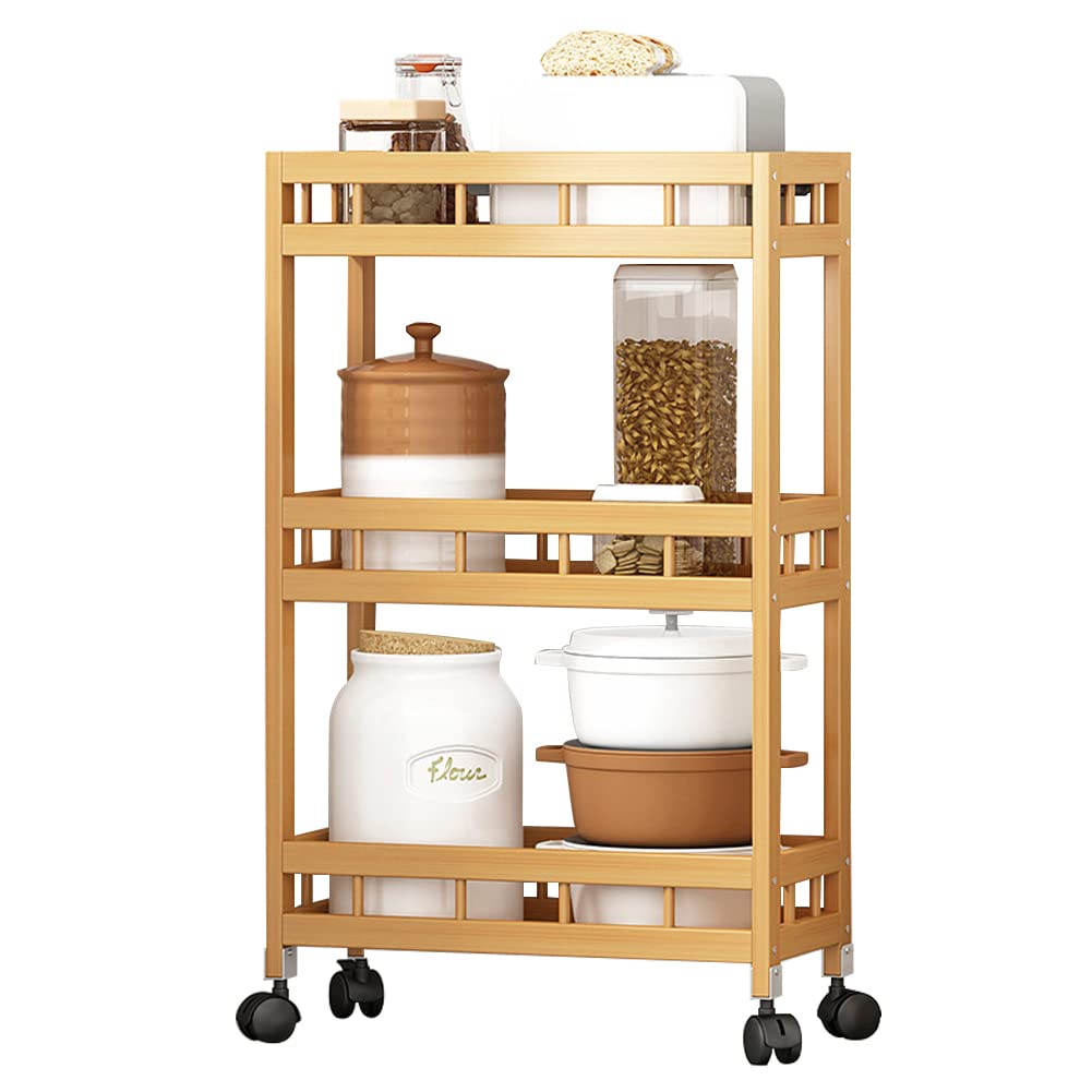 3-Tier Slim Bamboo Storage Cart - High Mountain Solid Bamboo Kitchen Organizer with Wheels, Mobile Pantry Shelf for Kitchen, Bathroom & Office Organization