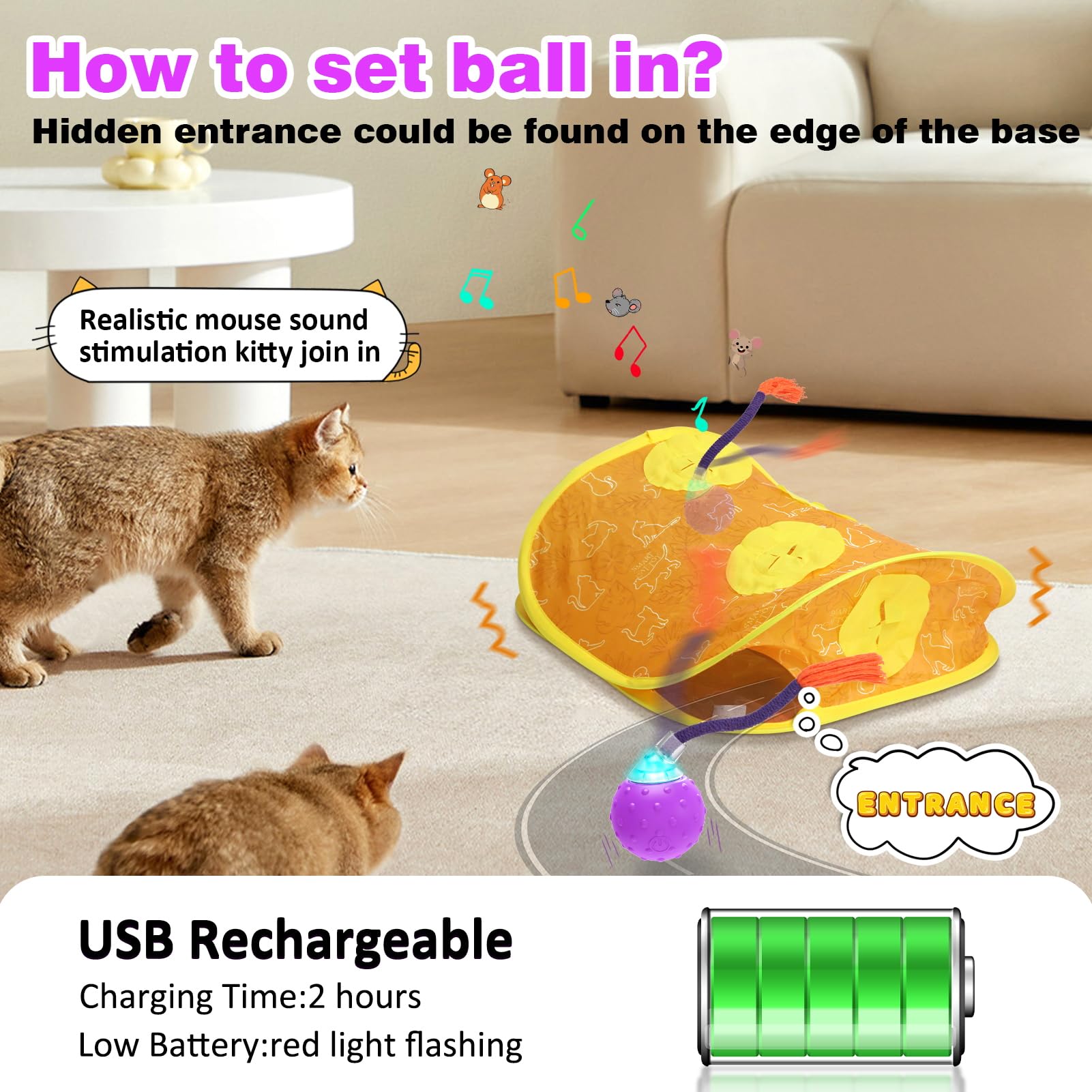 Interactive Electric Cat Ball Toy with Mice Holes - Pop n Play Automatic Rolling Cat Toy & Collapsible Play Tunnel - Fun Exercise & Hunting Simulation for Indoor Cats (Perfect for Playtime & Stress Relief)