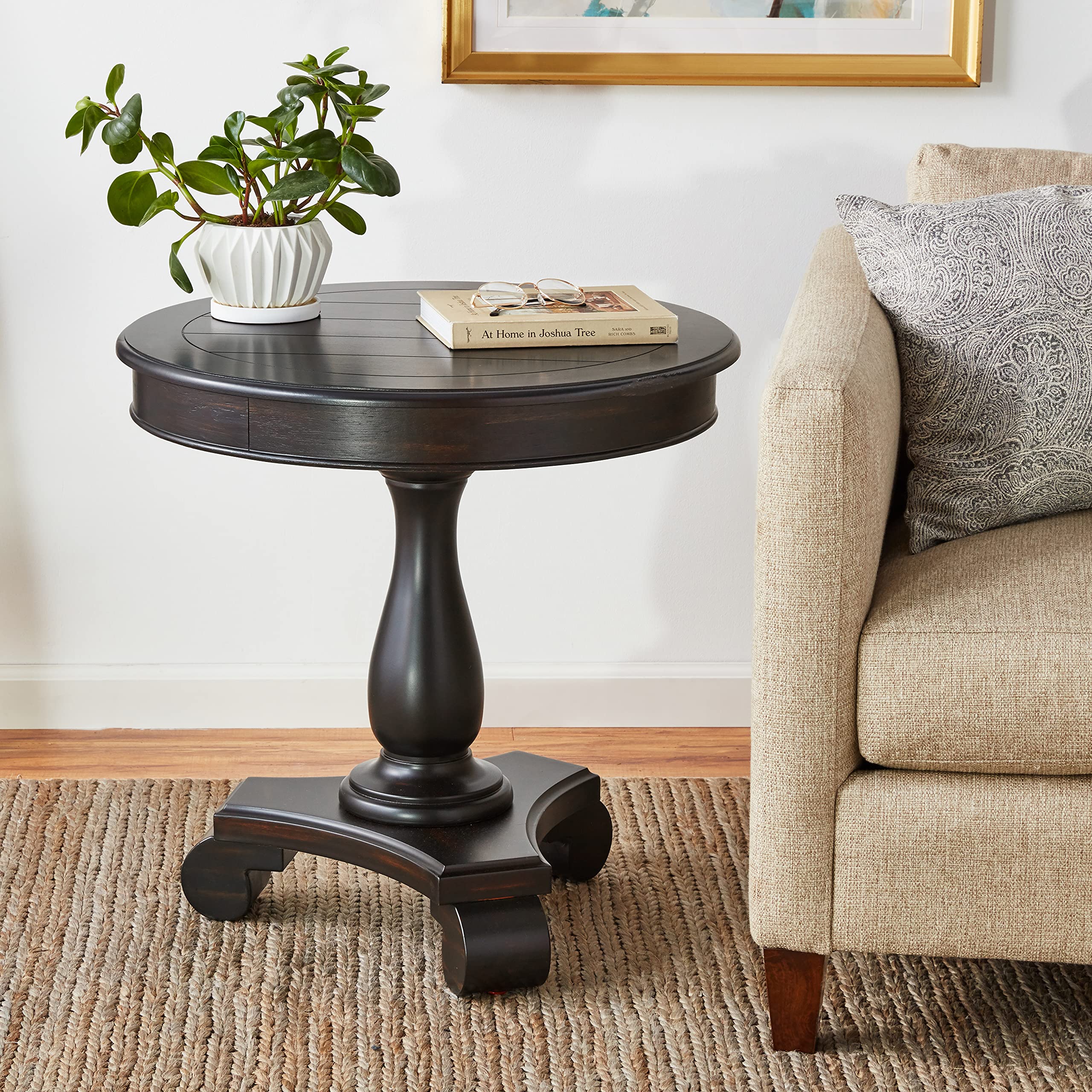 Roundhill Furniture Rene Round Wood Pedestal Side Table - Black Wooden End Table for Living Room, Bedroom & Office Decor