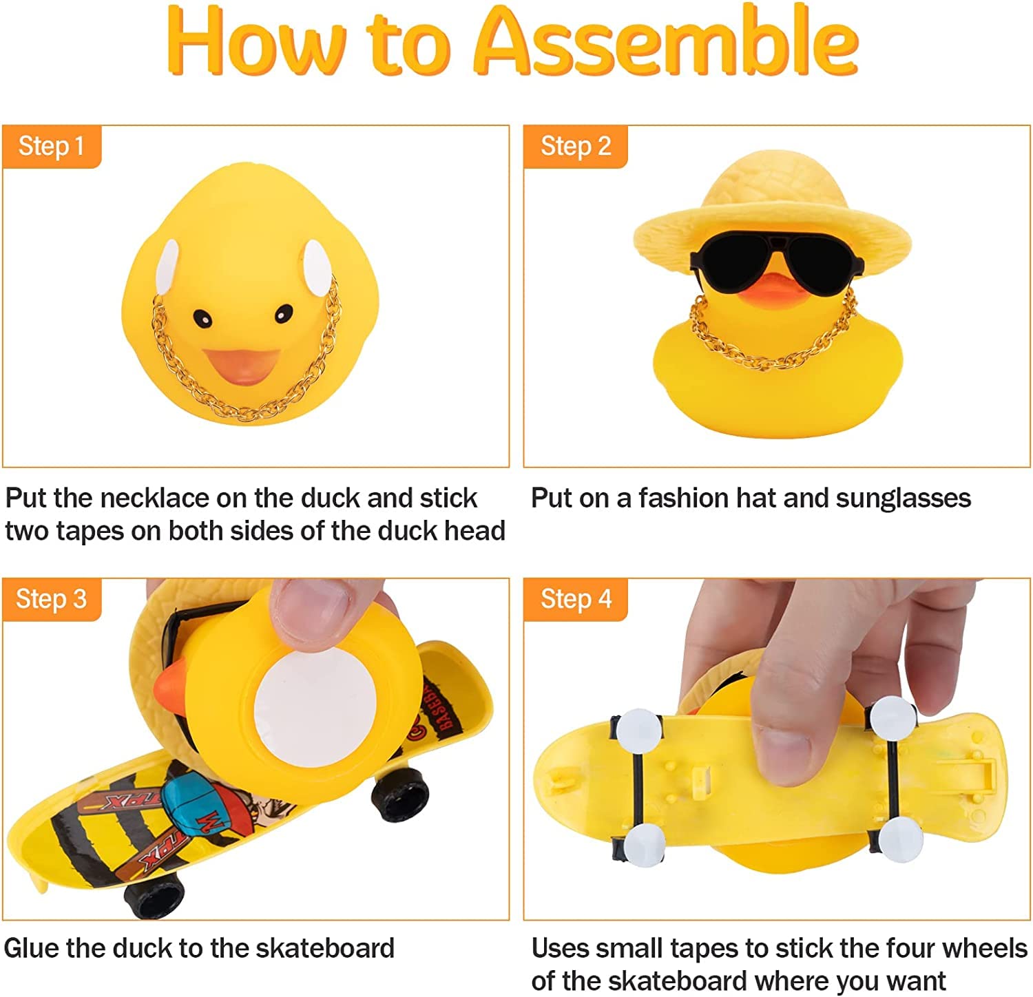 Wonuu Car Duck Ornament - Rubber Duck Dashboard Decoration with Mini Hat, Necklace, Sunglasses, Chair & Skateboard - Fun Car Accessory for Dashboard, Office Desk, or Home Decor