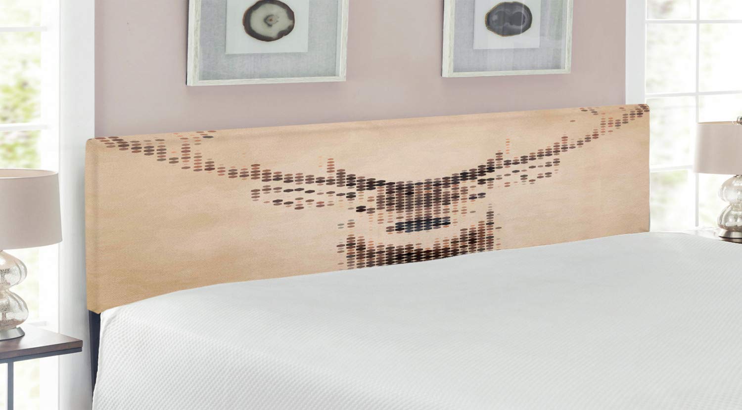Ambesonne Vintage Deer Headboard King Size - Retro Animal Portrait with Digital Dots & Geometric Circles, Upholstered Metal Bed Frame with Memory Foam in Cream Brown | Perfect for Rustic, Farmhouse & Bohemian Bedroom Decor