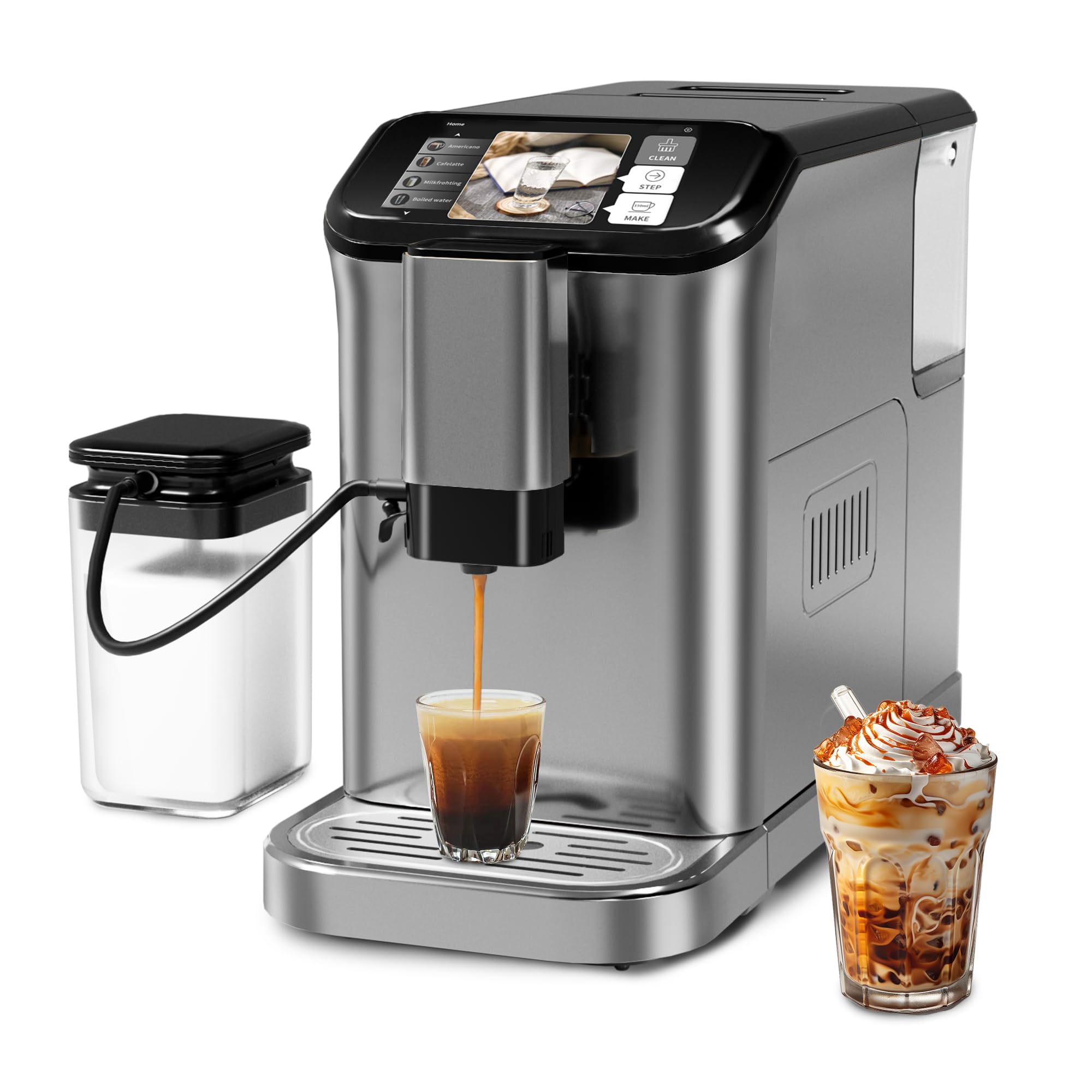 20 Bar Super Automatic Espresso Machine with Stainless Steel Conical Burr Grinder - Professional Touch Screen Coffee Maker for Latte, Cappuccino & Espresso at Home | Perfect for Coffee Lovers & Home Baristas (Grey)