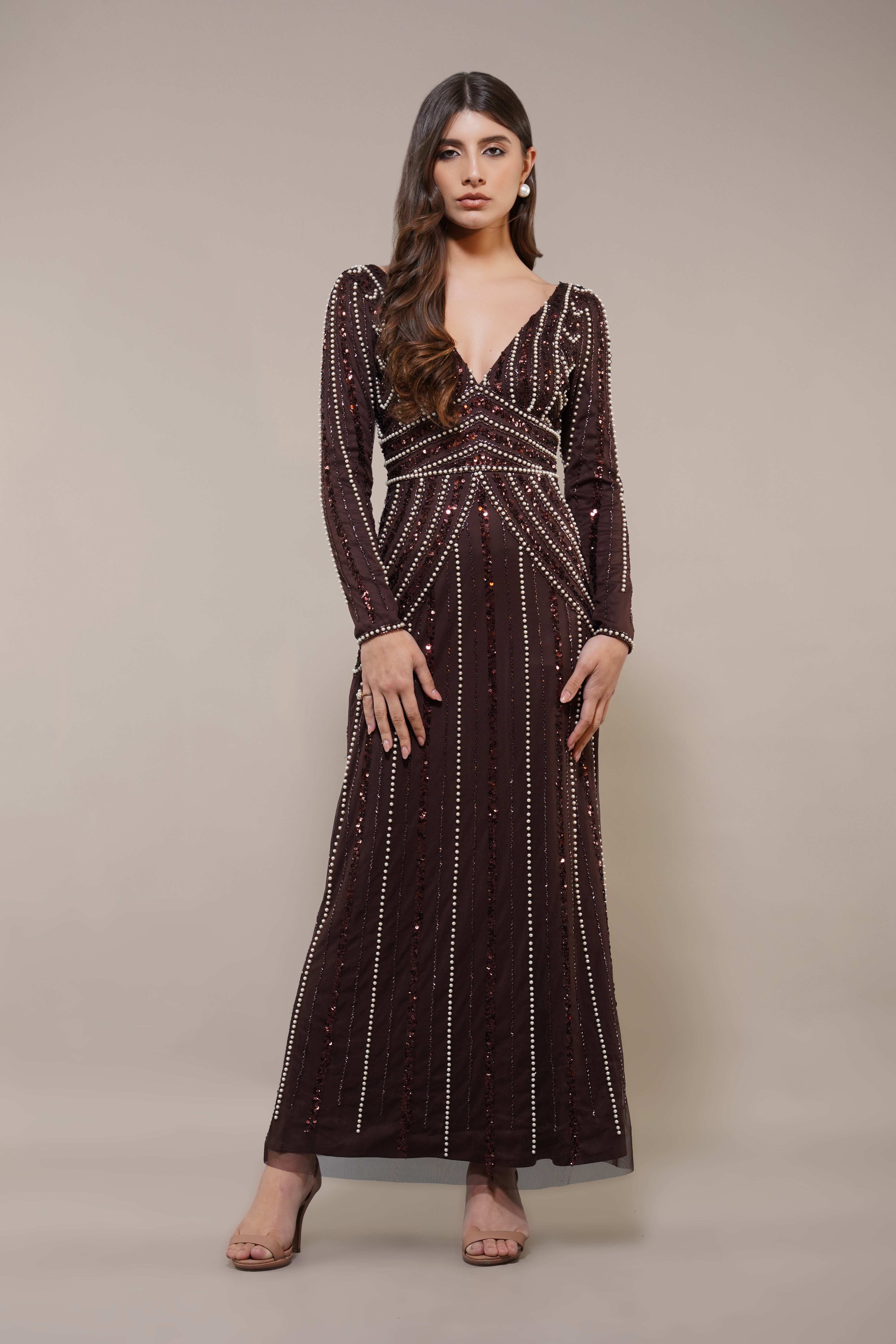 Cordelia Embellished Maxi Dress in Coffee Brown | Elegant Boho Evening Gown for Women | Perfect for Weddings, Parties & Special Occasions