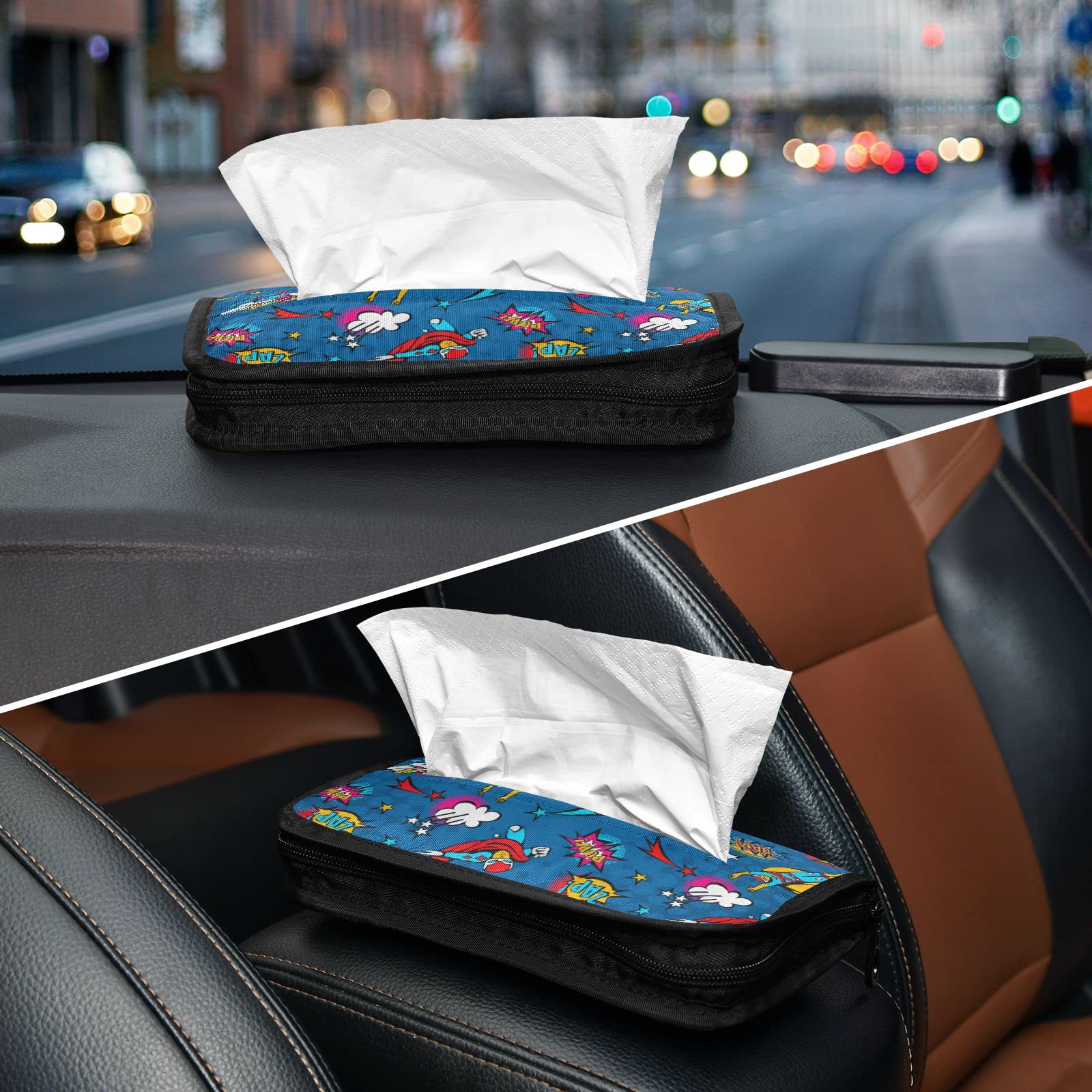 Pop Art Comic Style Flying Superheroes Speech Bubbles Car Tissue Holder - Adjustable Sun Visor Napkin Box with Zipper for Trucks & Cars | Perfect for Road Trips, Family Travel & Daily Commute