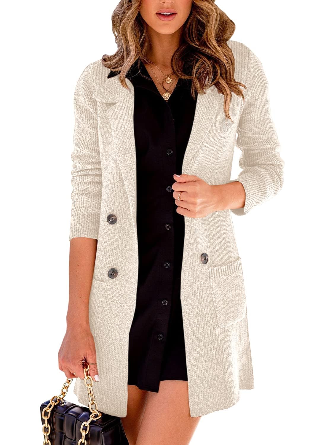 Danedvi Women's Open Front Cardigan with Lapel Collar - Long Button Down Sweater Coat for Fall & Winter - Perfect for Office, Casual Outfits & Layering