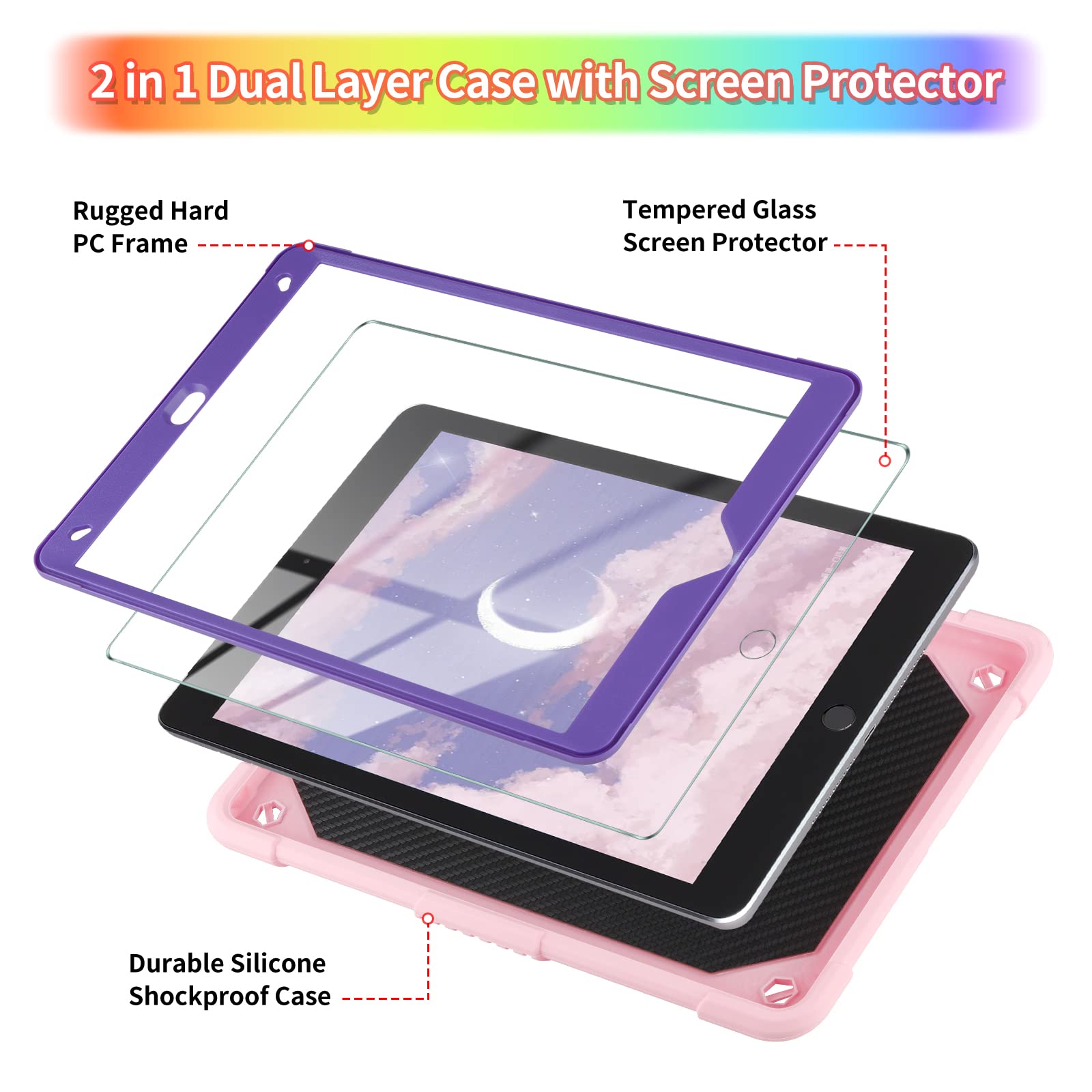 WESADN Rugged iPad Case for 7th/8th/9th Generation 10.2-inch iPad - Shockproof Protective Cover with Built-in Screen Protector, Butterfly Kickstand, Pencil Holder & Lanyard - Perfect for Kids, Girls (Pink/Purple) - Ideal for School, Travel & Outdoor Activities