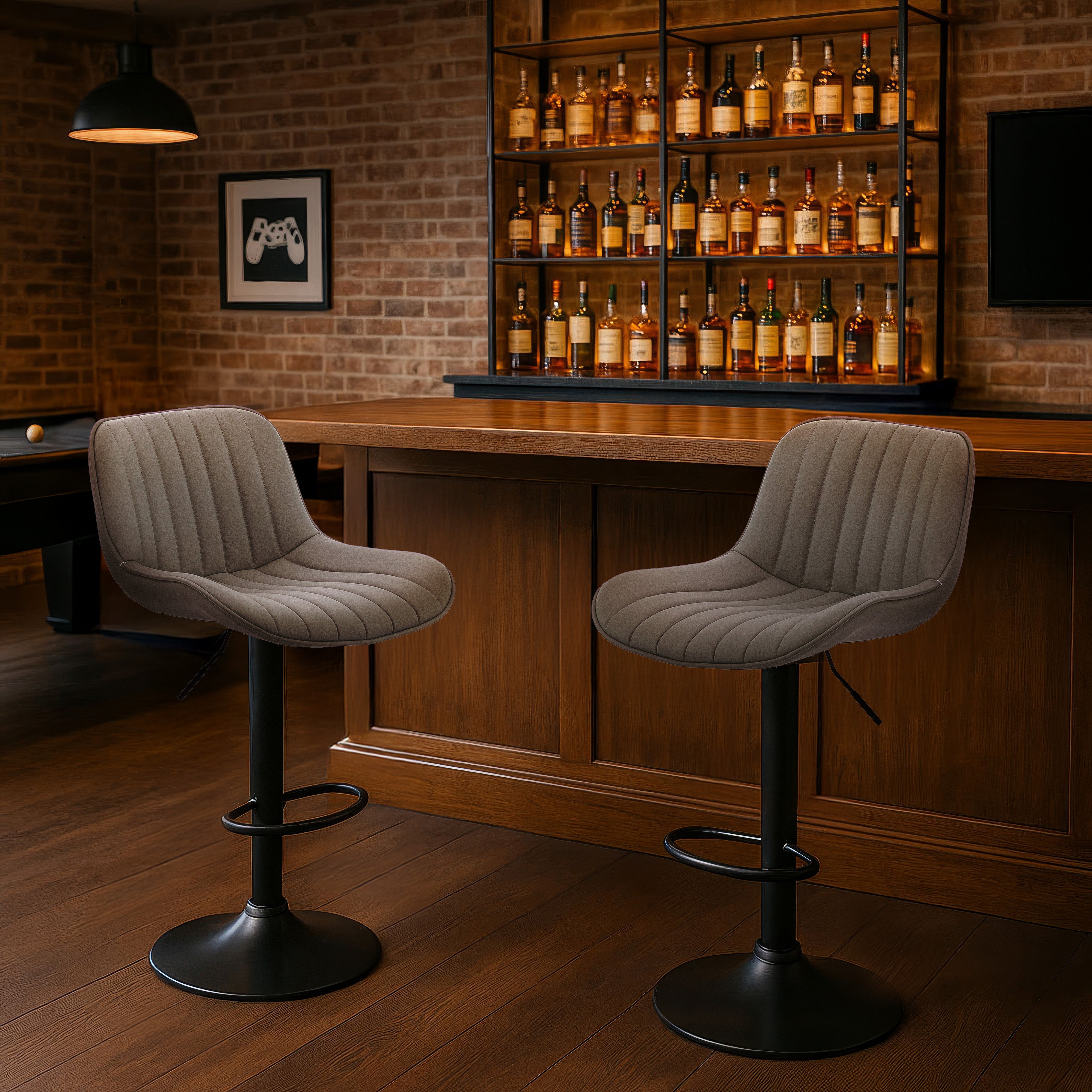 Urban Style Black Metal Bar Stools with Grey PU Seat - Adjustable Gas Lift Height - Set of 2 - Perfect for Kitchen Island, Home Bar & Dining Counter