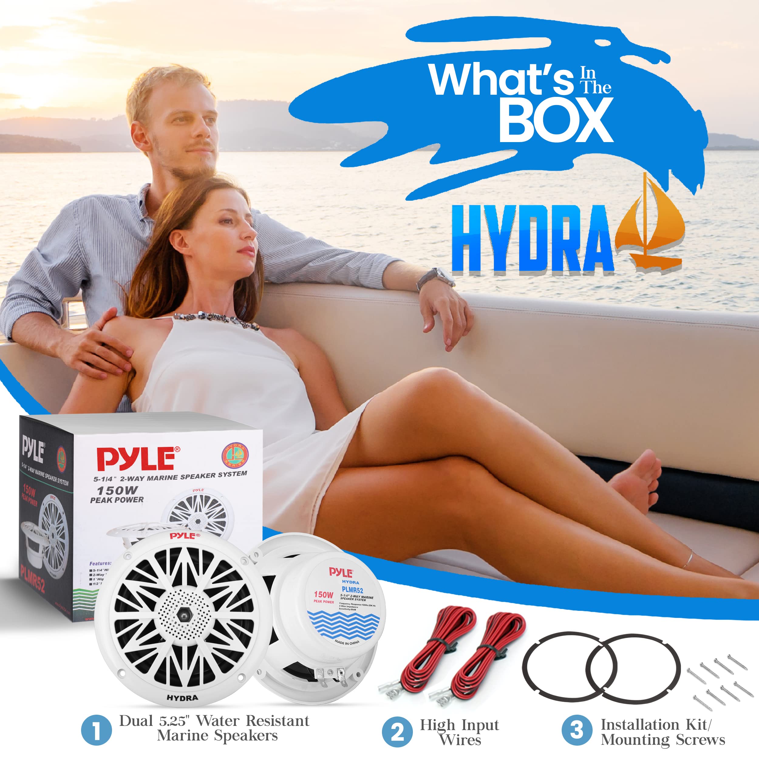 Pyle 5.25 Inch Dual Marine Speakers - 2 Way Waterproof Weatherproof Outdoor Stereo Sound System with 150W Power, Poly Carbon Cone, Cloth Surround, Low Profile Design - Perfect for Boats, Pools, and Patios