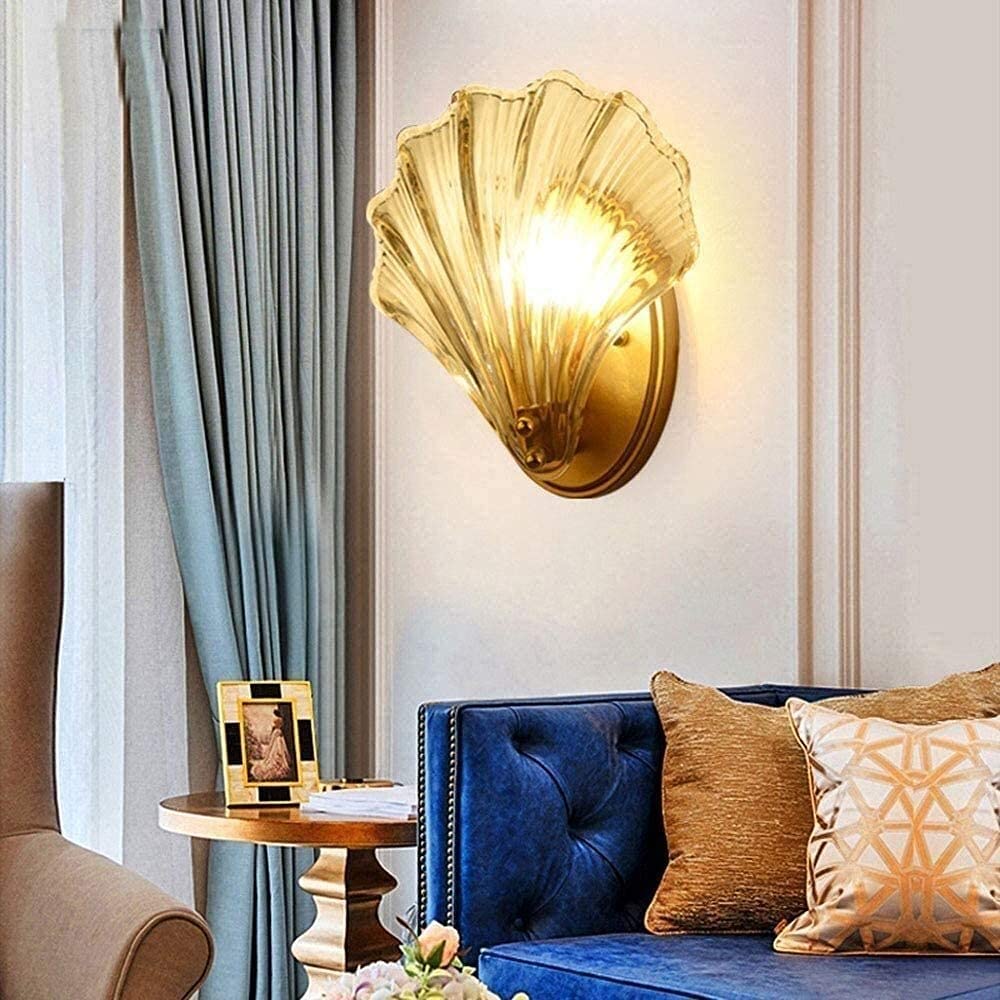 Vintage Metal Wall Sconce with Ribbed Clear Glass - Modern Chandelier Style Retro Shell E14 Wall Lamp for Living Room, Bedroom & Hallway Lighting