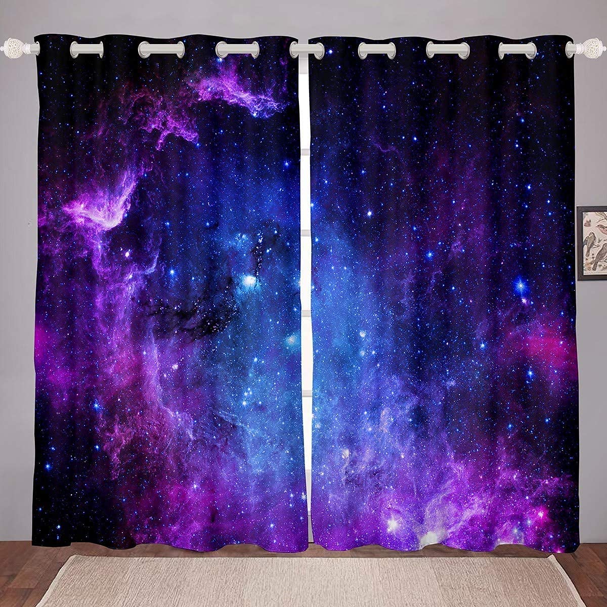 Galaxy Curtains for Kids - Blue Purple Starry Sky Drapes for Bedroom & Nursery