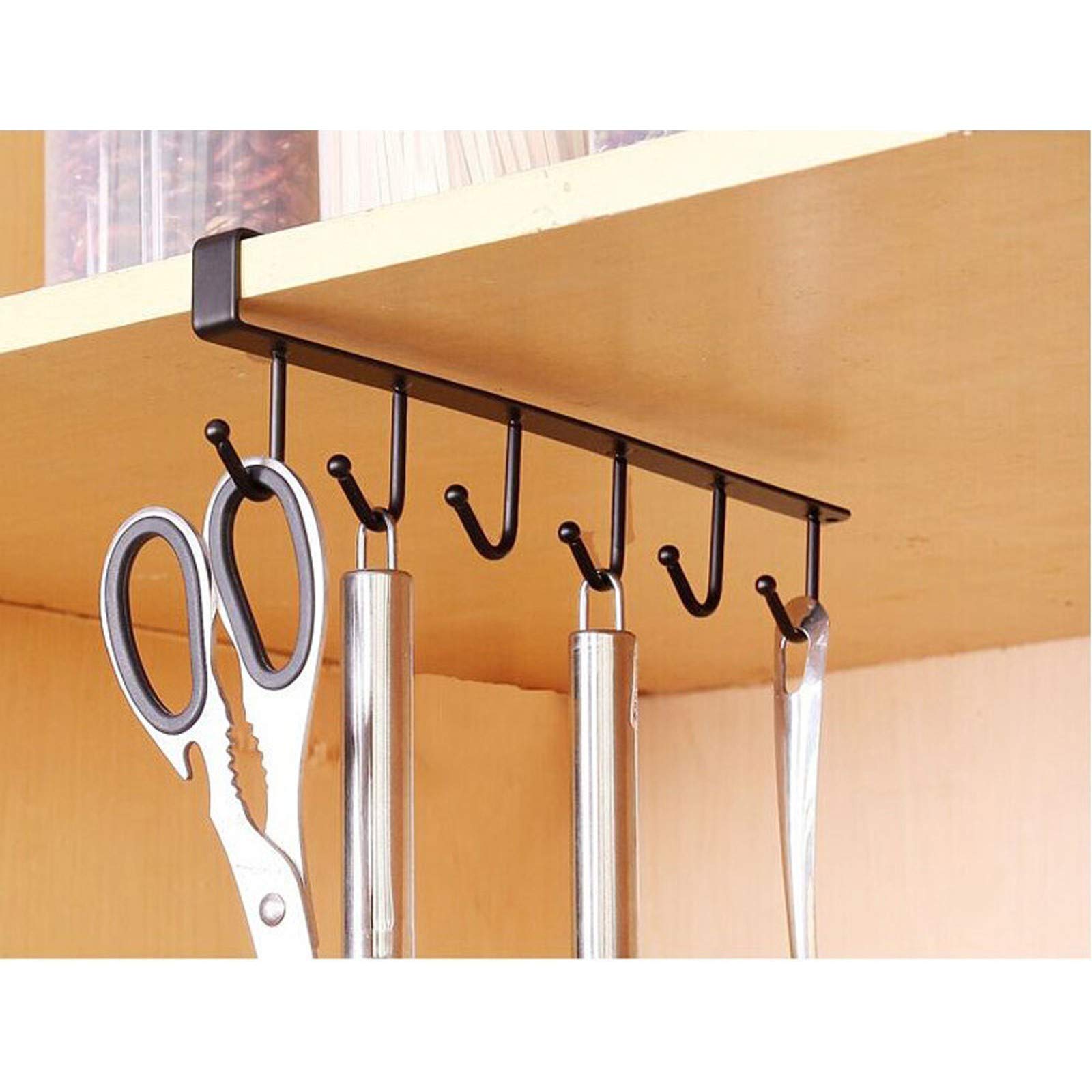 Under Cabinet Mug & Wine Glass Storage Hooks - No Drill Kitchen Organizer Rack for Cups, Utensils, Belts & Scarves - Space Saving Closet Solution (Black) - Perfect for Small Kitchens, Dorms & Apartments