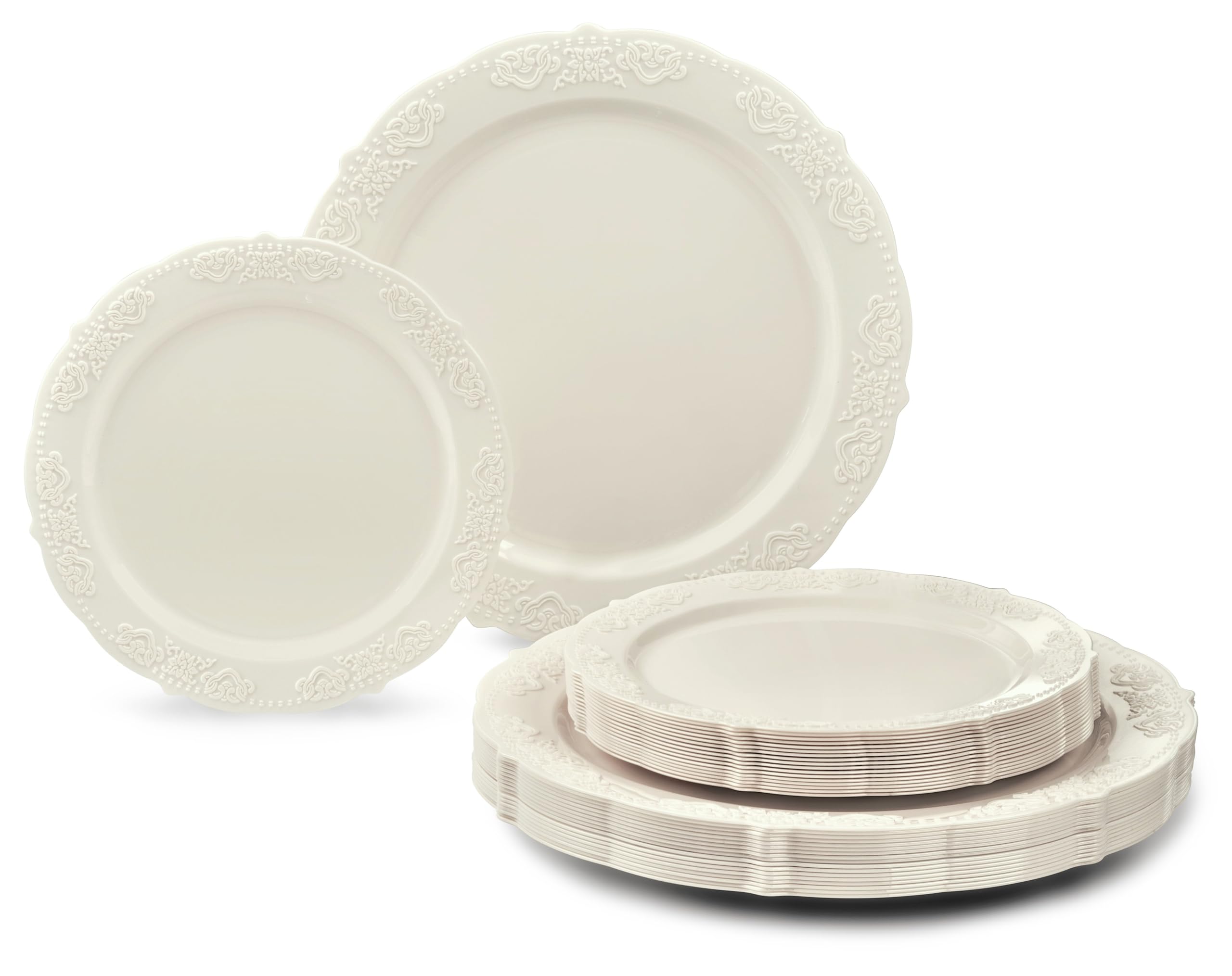 240-Pack Vintage Disposable Plastic Plates for Weddings & Parties - 120 x 10.25'' Dinner Plates + 120 x 7.5'' Salad/Dessert Plates in Portofino Ivory - Elegant Tableware for Wedding Receptions, Bridal Showers & Special Events