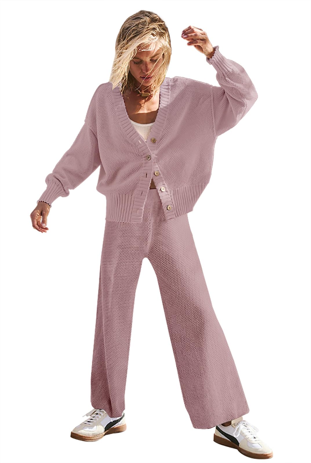 Women's Two Piece Outfits - Soft Open Front Knit Cardigan & Wide Leg Pants Lounge Set | Cozy Sweater Sets for Women | Perfect for Home, Office & Casual Outings