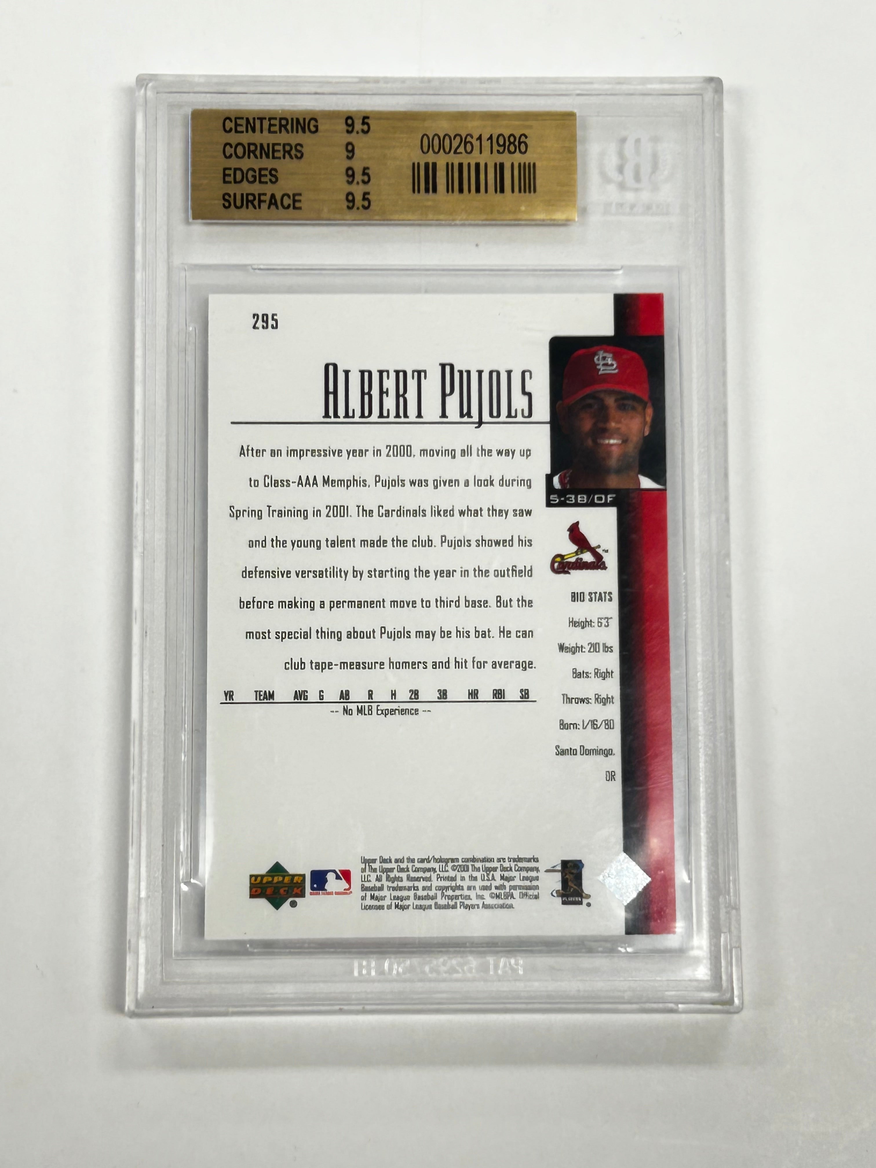 2001 Upper Deck Albert Pujols #295 BGS 9.5 Graded Baseball Card - Rare Collectible for Sports Memorabilia & Investment - Perfect for Display, Trading, and Baseball Card Collections