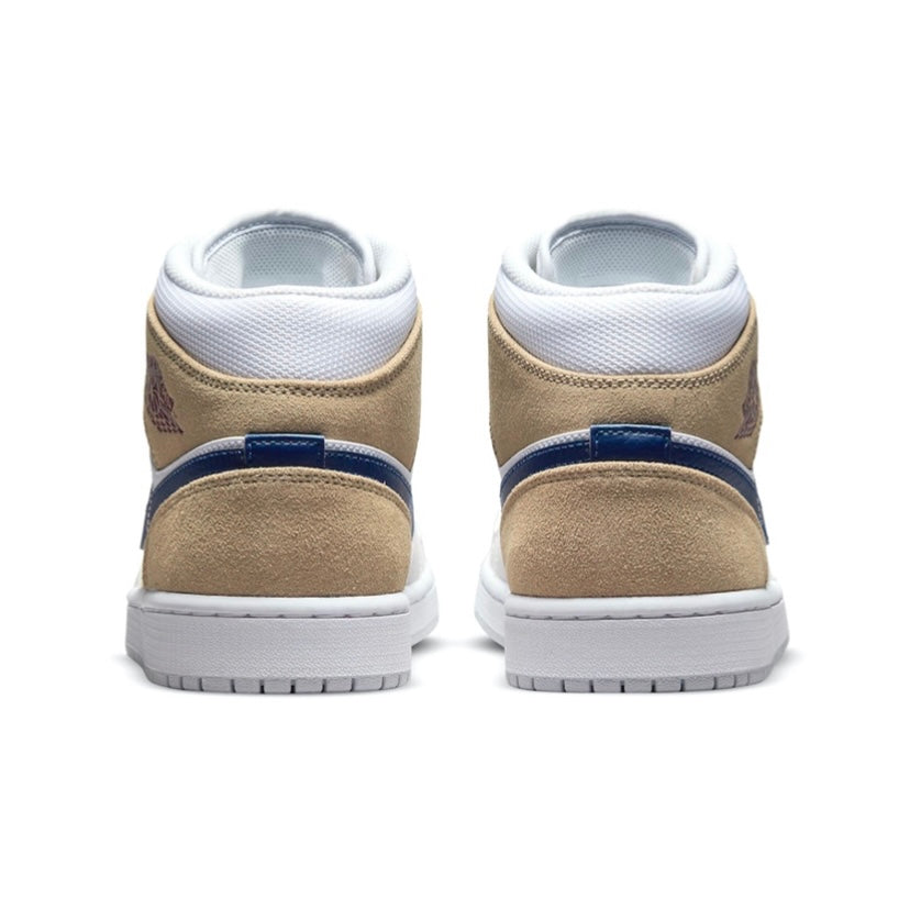 Air Jordan 1 Mid Sneakers - Tan Suede & White Leather with Blue Void & Team Red Accents | Men's Basketball Shoes for Casual Wear & Street Style