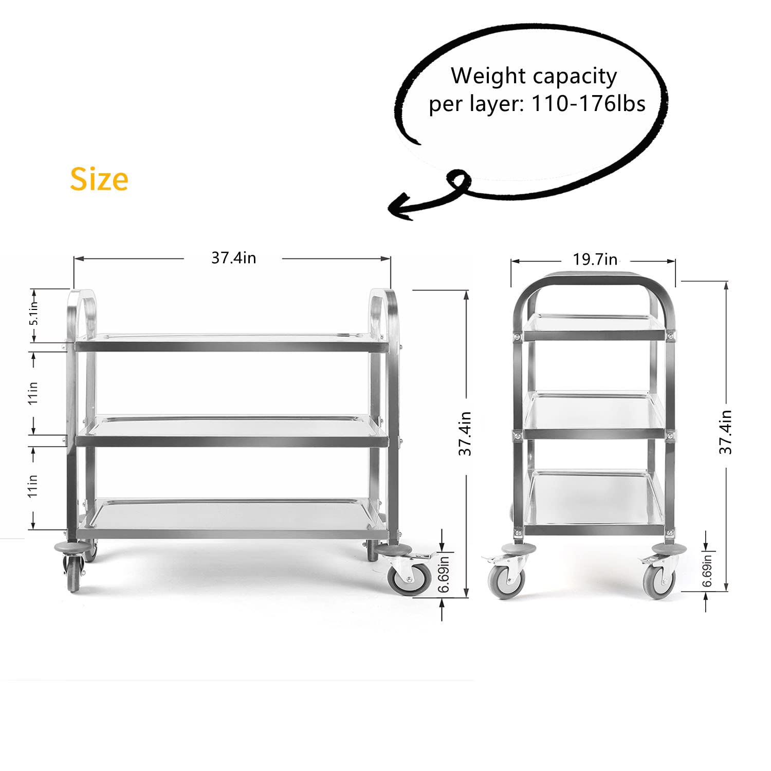 MYOYAY 37.4x19.7x37.4 Inch Stainless Steel 3-Tier Rolling Kitchen Cart with Locking Wheels - Heavy Duty Utility Cart for Restaurant, Cafe, Home & Commercial Use - Perfect for Food Storage, Catering Service & Mobile Kitchen Organization