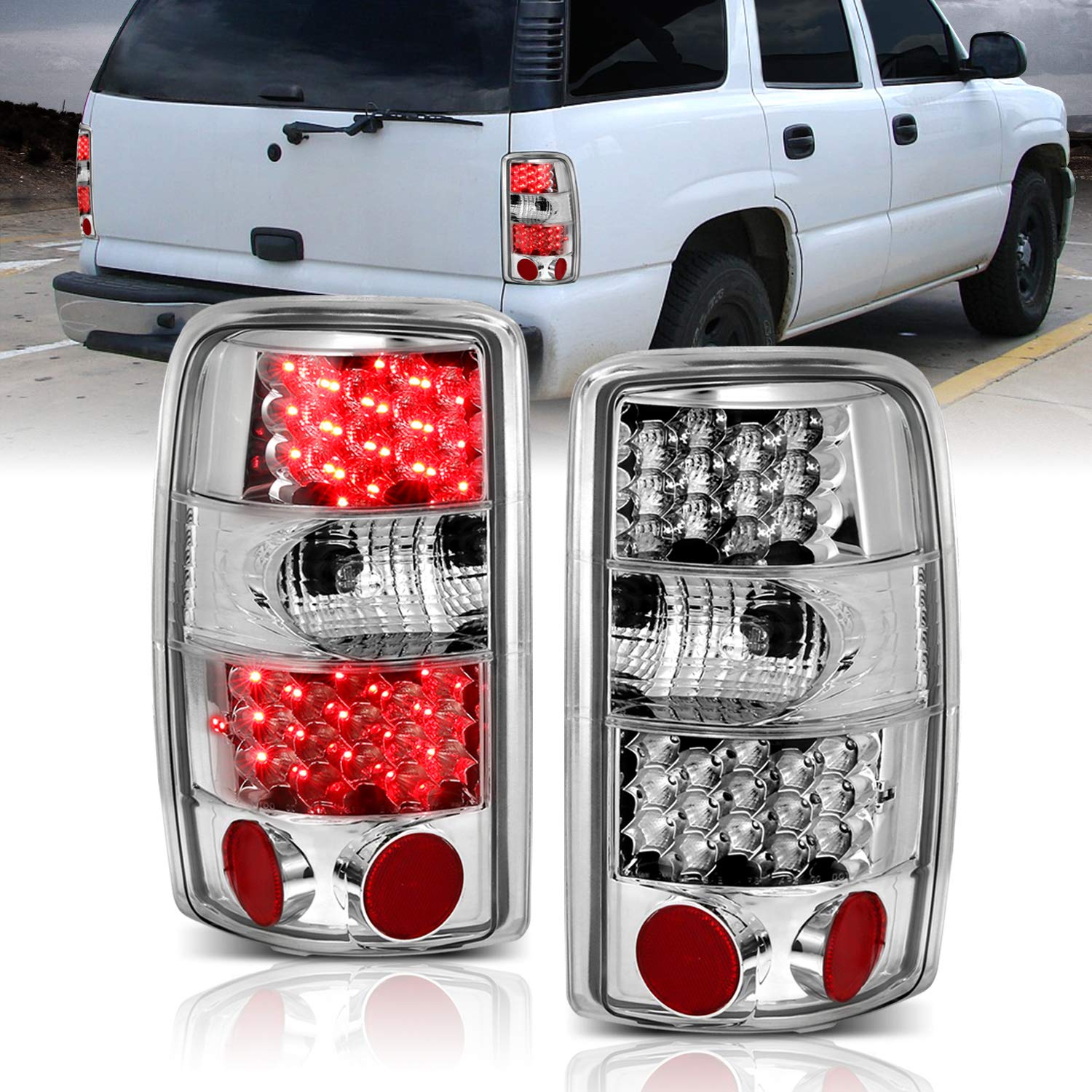 AmeriLite LED Brake Tail Lights for 2000-2006 Chevy Tahoe Suburban & GMC Yukon - Chrome Replacement Set with Bulb Harness (Driver & Passenger Side) - Enhanced Night Visibility & Style Upgrade for Trucks & SUVs