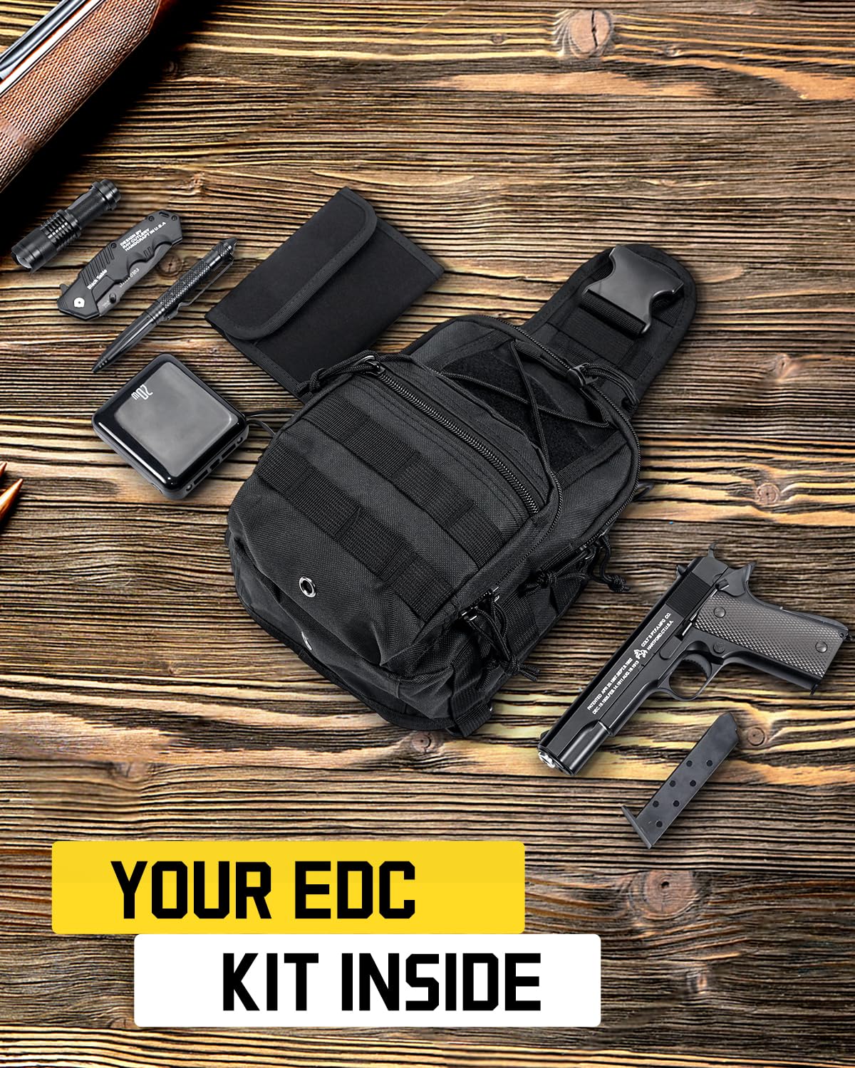 Tactical Sling Bag for Men - Military Crossbody Chest Pack - Durable EDC Shoulder Backpack for Hunting, Hiking, Fishing, Camping & Outdoor Adventures - Perfect for Travel, Cycling & Range Gear (Black)