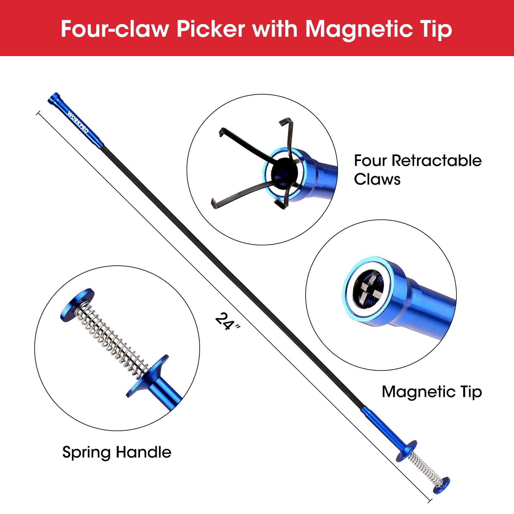 WORKPRO 4-Piece Telescoping Magnetic Pick Up Tool Set with Inspection Mirror & 4-Claw Grabber - Auto Repair, DIY, Home Maintenance & Hard-to-Reach Object Retrieval Tools