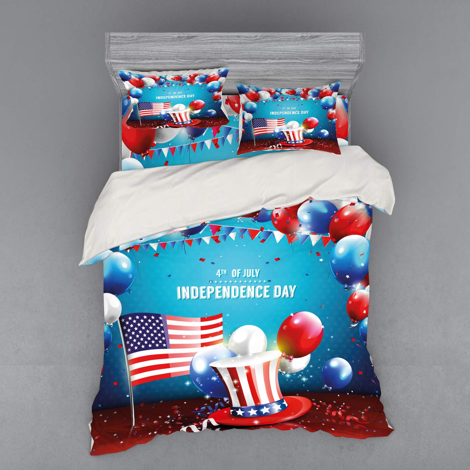 Ambesonne 4th of July Duvet Cover Set - Patriotic Uncle Sam Hat Flag Balloons Design - 4 Piece Queen Size Bedding Set with Shams & Fitted Sheet - Blue Red Pearl - Perfect for Independence Day Celebrations & American Themed Bedrooms