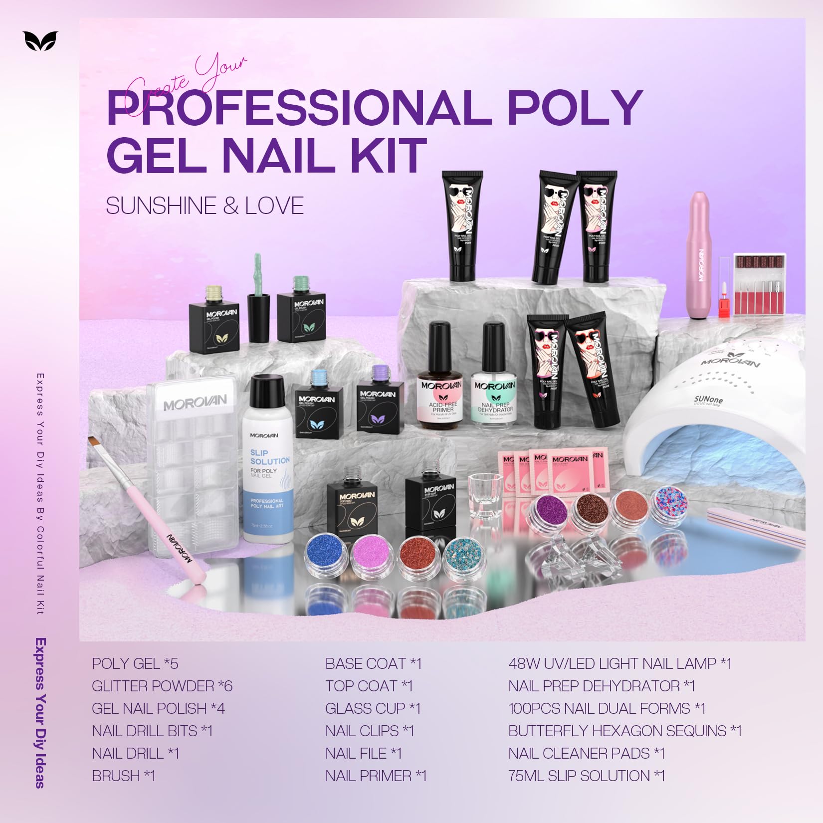 Morovan Poly Gel Nail Kit with Drill & 48W UV/LED Lamp - Professional Nail Extension Starter Set for Beginners | DIY Nail Art Supplies with Luminous Builder Gel | Perfect for Home Manicure & Salon Use