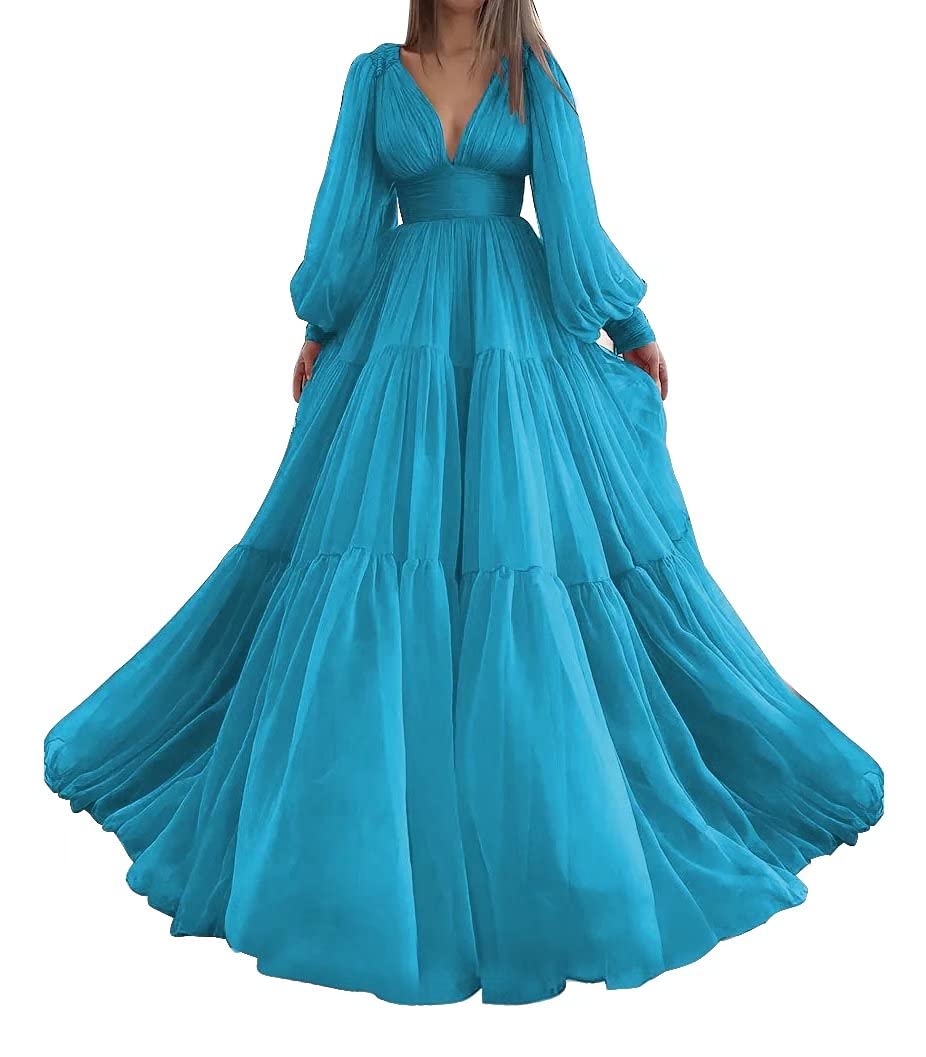 Elegant Long Puffy Sleeve Prom Dress with V-Neck & A-Line Ball Gown Tulle Skirt - Women's Formal Evening Gowns for Homecoming, Wedding, Quinceañera & Special Occasions
