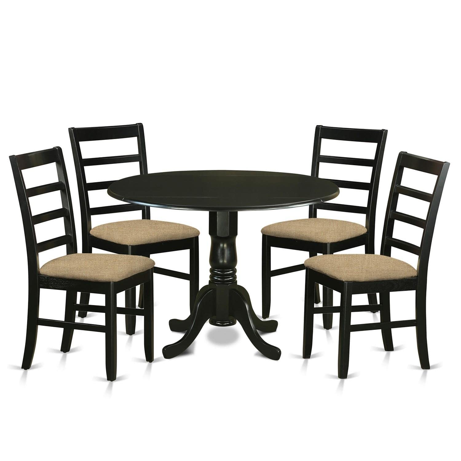 East West Furniture 5-Piece Black Round Dining Table Set with Drop Leaf & 4 Fabric Chairs - 42x42 Inch Kitchen Table for Small Spaces, Breakfast Nook, Apartment Dining Room