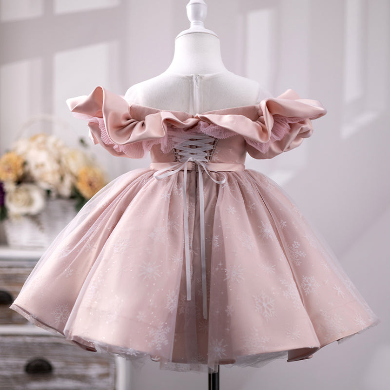 Elegant Pink Puffy Princess One Shoulder Dress for Baby Girls - Perfect for Baptism, Christening, and Special Occasions