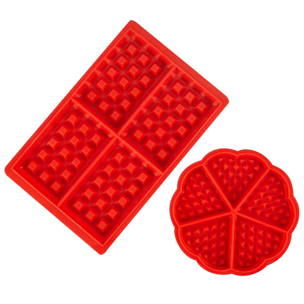 Non-Stick Silicone Waffle Mold Set - 4 Cavity Rectangle & Round Waffle Maker for Baking Cakes, Chocolates, Candies, Soaps | Perfect for Home Kitchen, DIY Crafts & Party Treats (Red, 2-Piece Set)