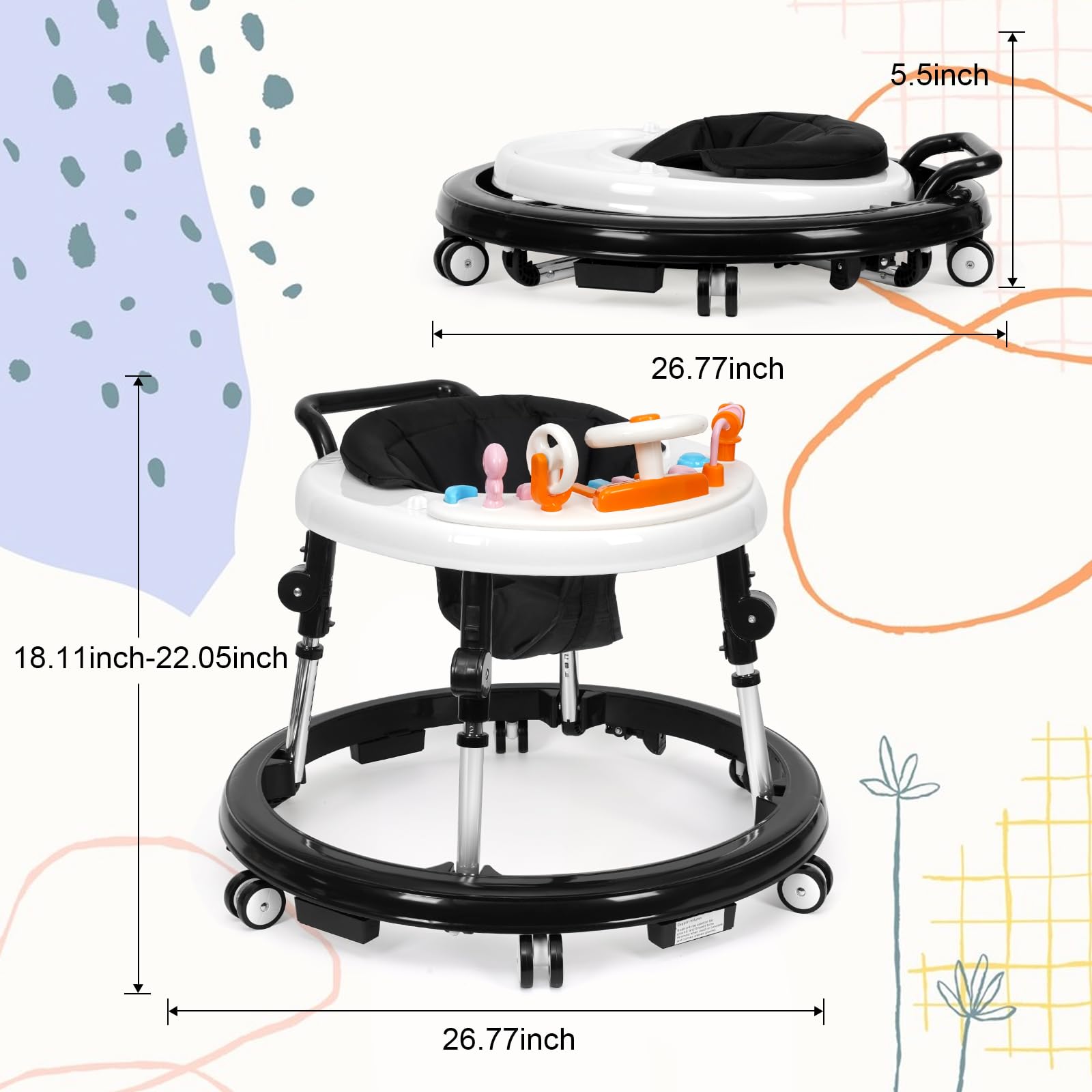 Foldable Music & Lights Baby Walker with 9 Adjustable Heights - Portable Wheeled Activity Center for Boys & Girls 7-18 Months (New Black) - Perfect for Learning to Walk & Indoor Playtime