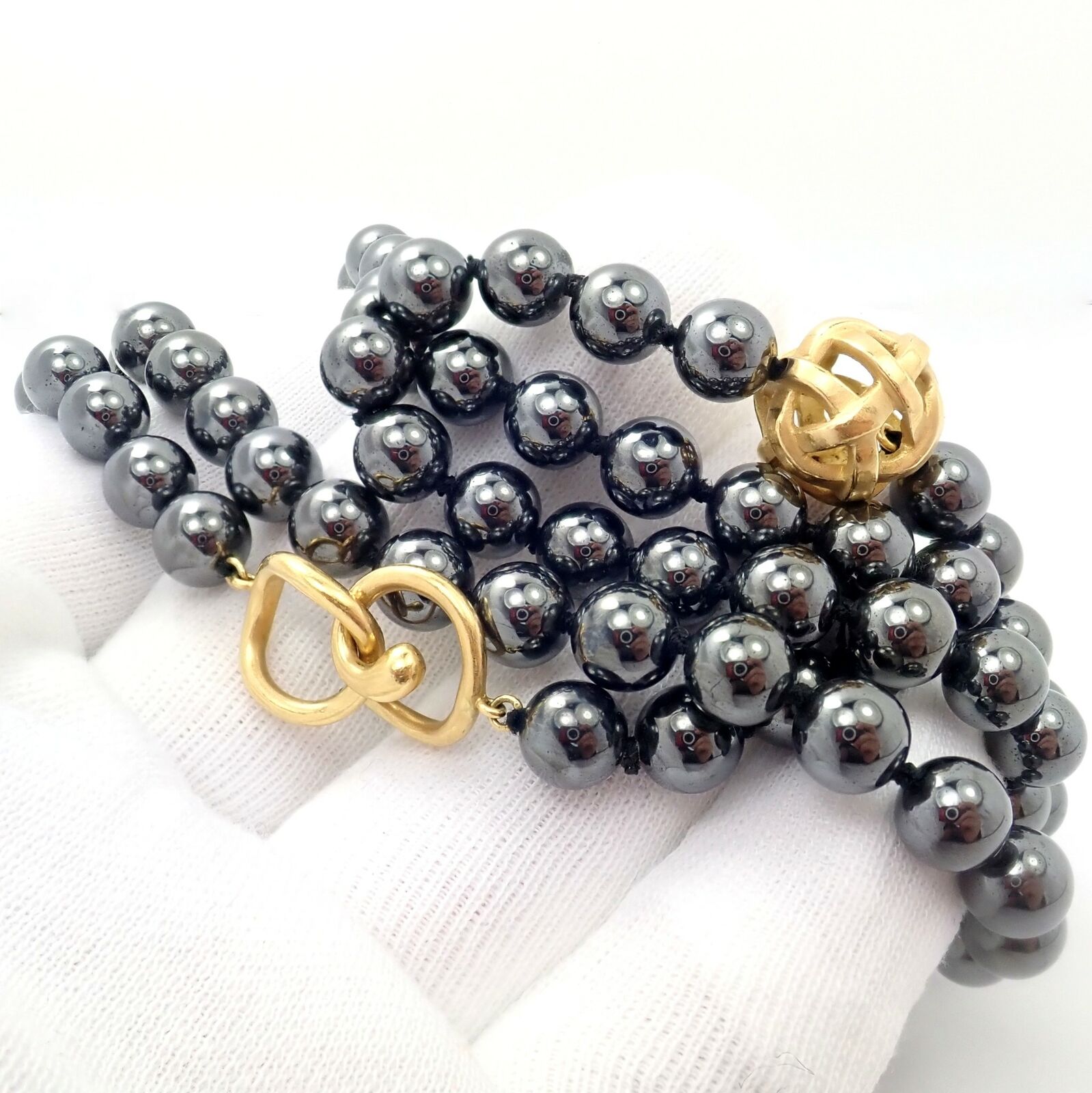 Authentic Angela Cummings 18k Yellow Gold Hematite Bead Necklace - 38 Inch Vintage 1988 Jewelry for Women, Perfect for Evening Parties & Special Occasions