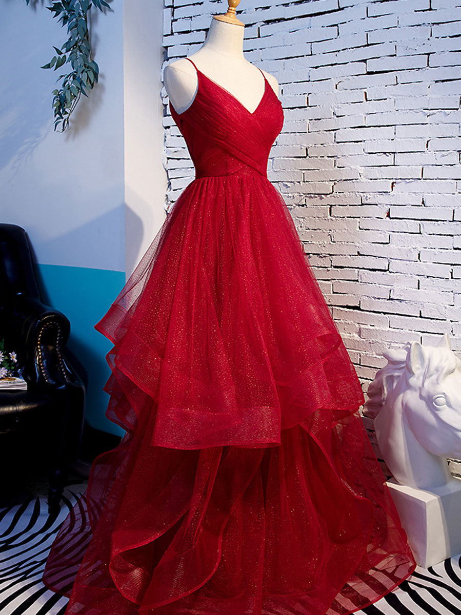 Elegant Burgundy V-Neck Tulle Long Prom Dress for Formal Graduation & Evening Events | Perfect for Homecoming, Dances & Special Occasions