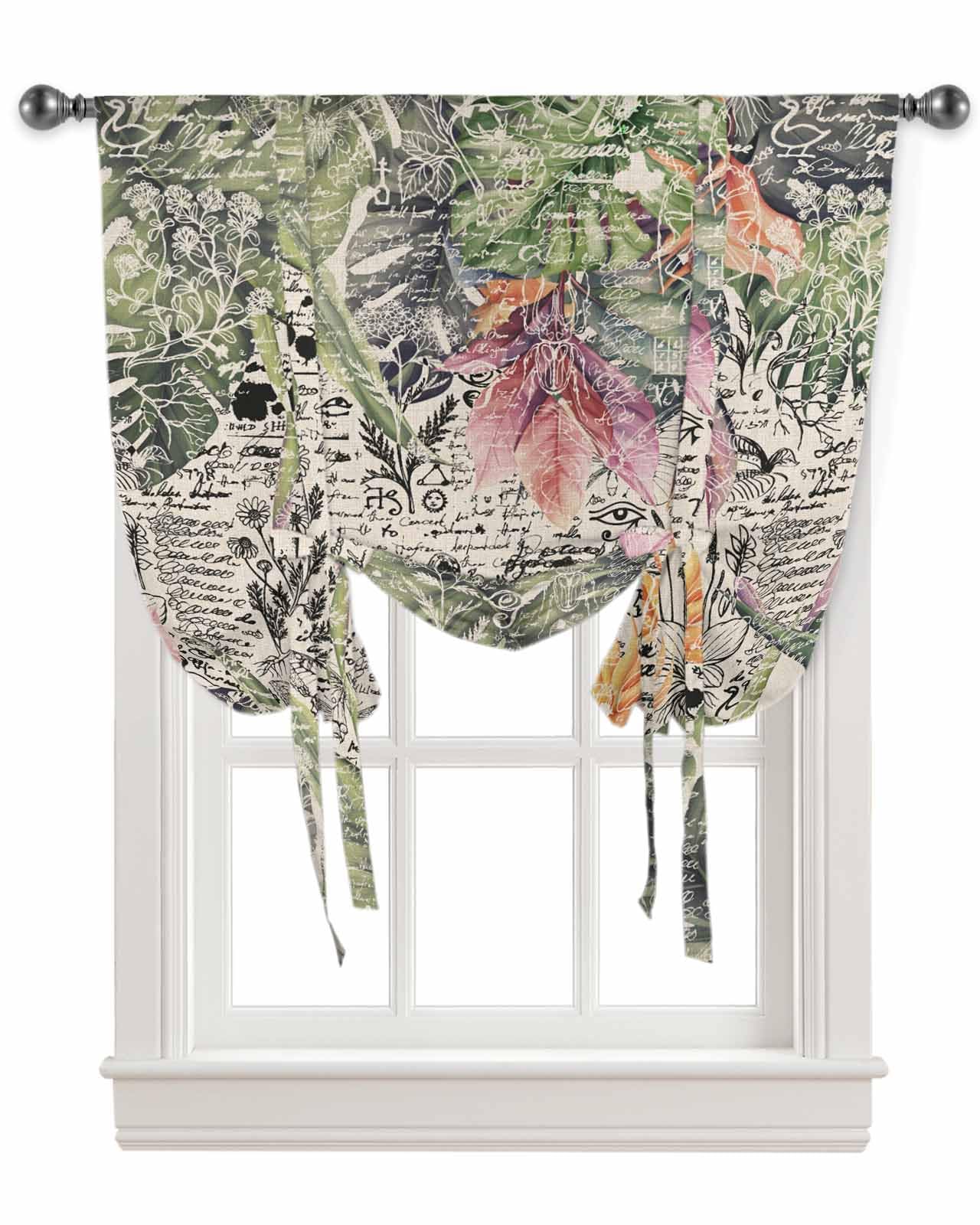 Botanical Tie-Up Curtains for Windows - Adjustable Balloon Shades with Tropical Floral Print, Farmhouse Kitchen Window Treatments, 42x45 Inch Rod Pocket Short Curtains - Perfect for Rustic Dining Rooms, Sunrooms & Cozy Bedrooms