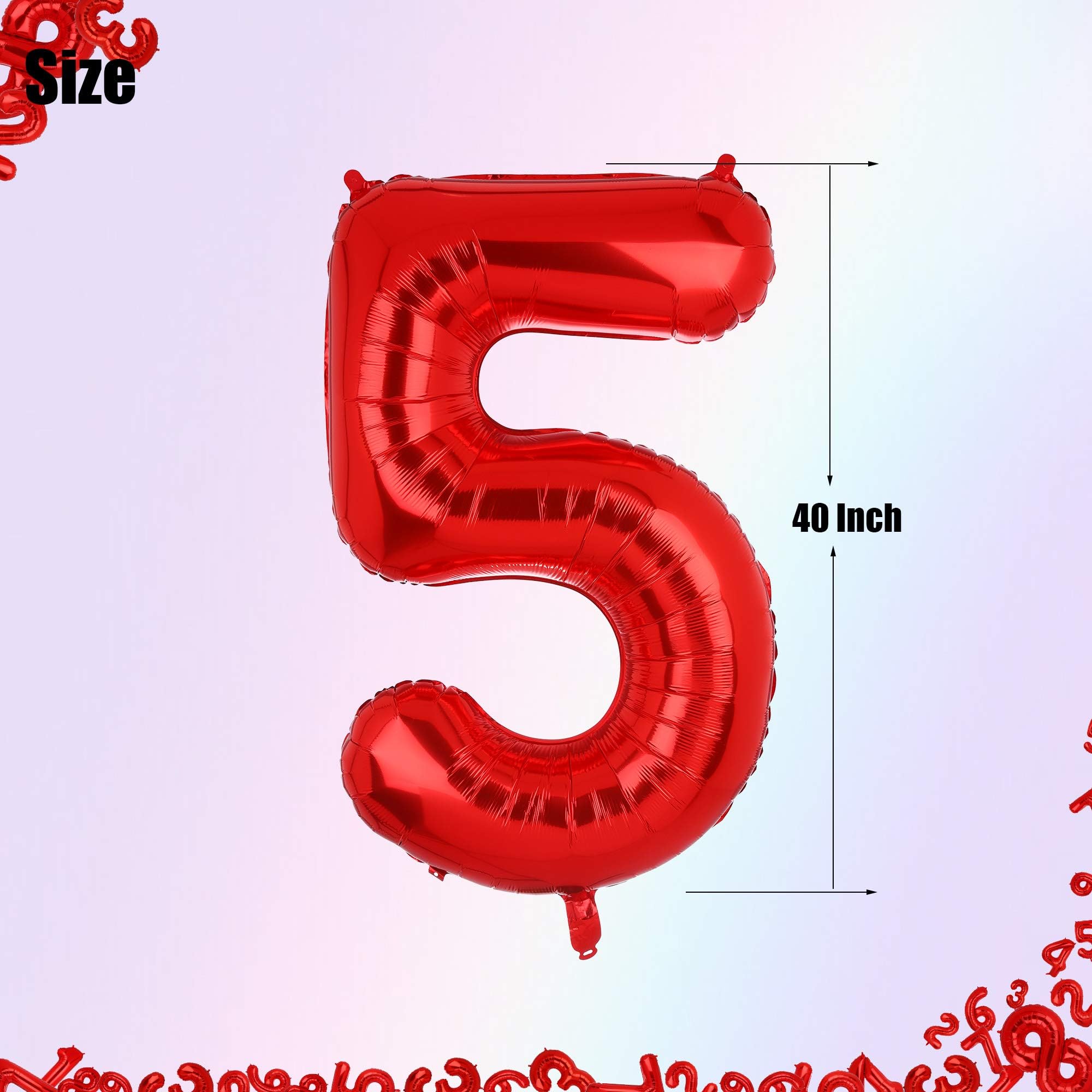 40 Inch 5 Red Number Balloons - Mylar Foil Helium Balloons for Birthday Party Decorations, Baby Shower Supplies, Anniversary Celebrations & Graduation Events - Perfect for Indoor/Outdoor Decor (Set of 5)
