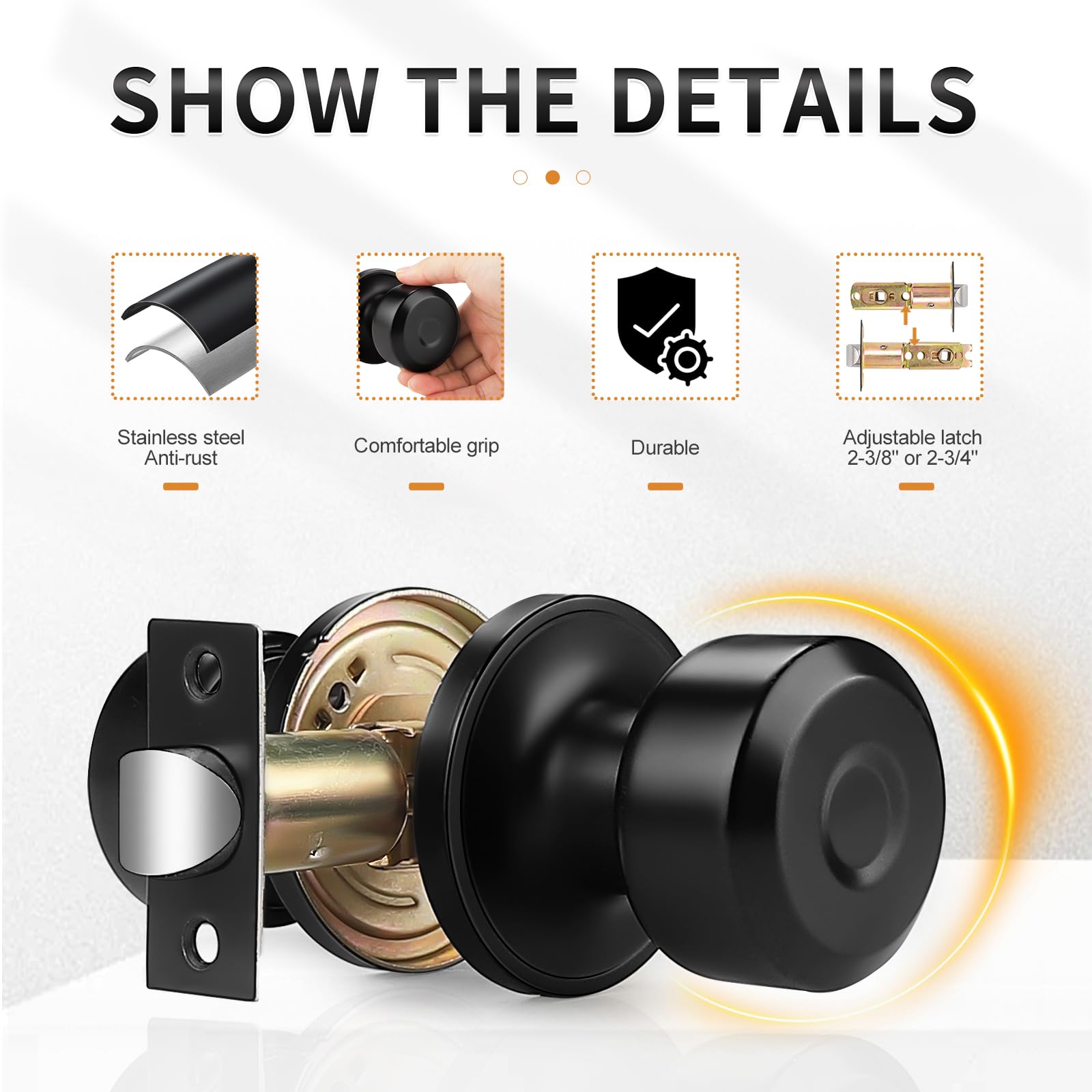 Modern Keyless Passage Locks - Black Cylindrical Door Knobs for Kitchen, Kids Room & Hallway
