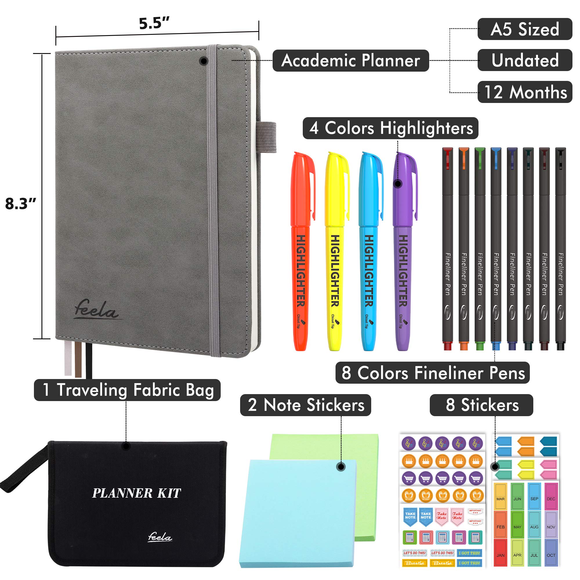 2025 Undated Planner - A5 Monthly & Weekly Academic Planner Kit for Students | Includes Highlighters, Note Stickers & Fineliner Pens | 1-Year School Supplies | Gray | Perfect for College, High School & Daily Organization