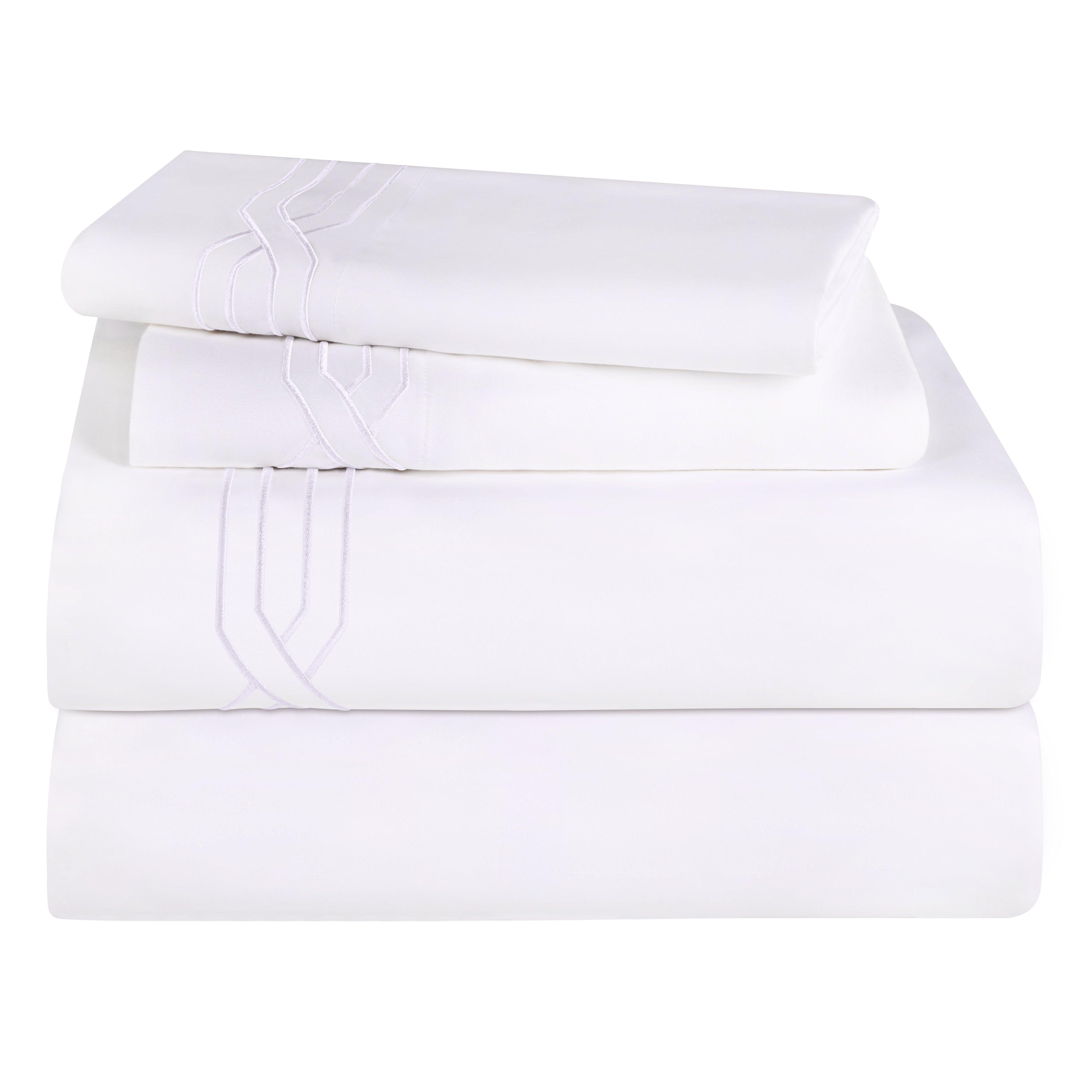 Luxury 1200 Thread Count Egyptian Cotton Bed Sheet Set - Queen Size, Embroidered Geometric Design, Ultra Soft & Breathable for All-Season Comfort - Perfect for Master Bedroom, Guest Room & Hotel Use