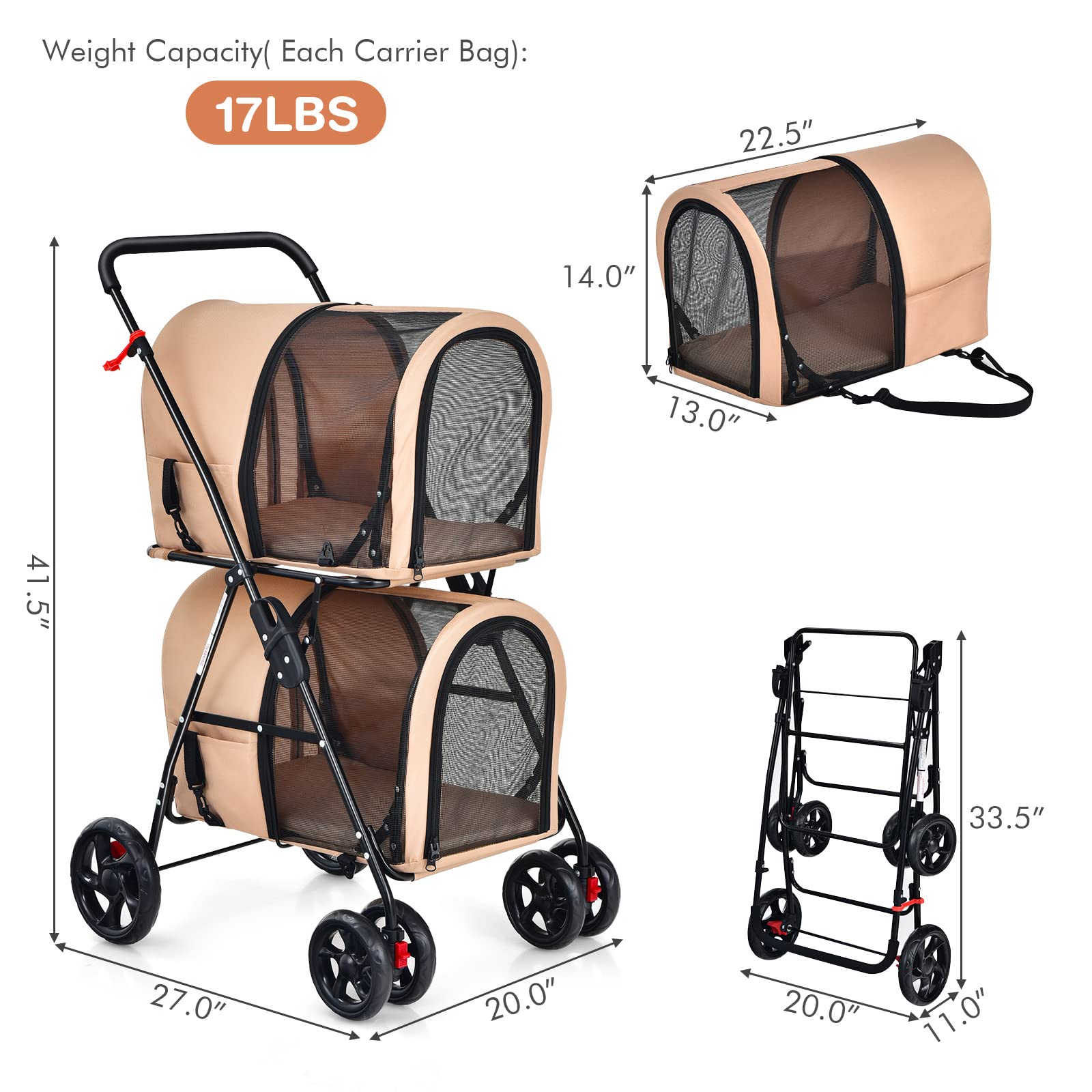 Giantex Double Pet Stroller for Dogs & Cats - 2 Detachable Carrier Bags, Safety Belts, 4 Lockable Wheels - Foldable Travel Carrier for Small/Medium Pets - Perfect for Park Walks, Vet Visits & Shopping Trips (Beige)