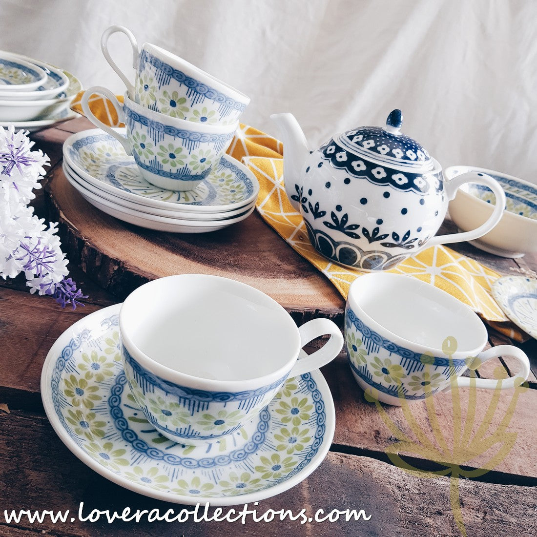 Awasaka Japan Green & Blue Daisy Tea & Dinnerware Set - Elegant Japanese Ceramic Tableware for Tea Time & Dining - Perfect for Home, Restaurants & Gifts