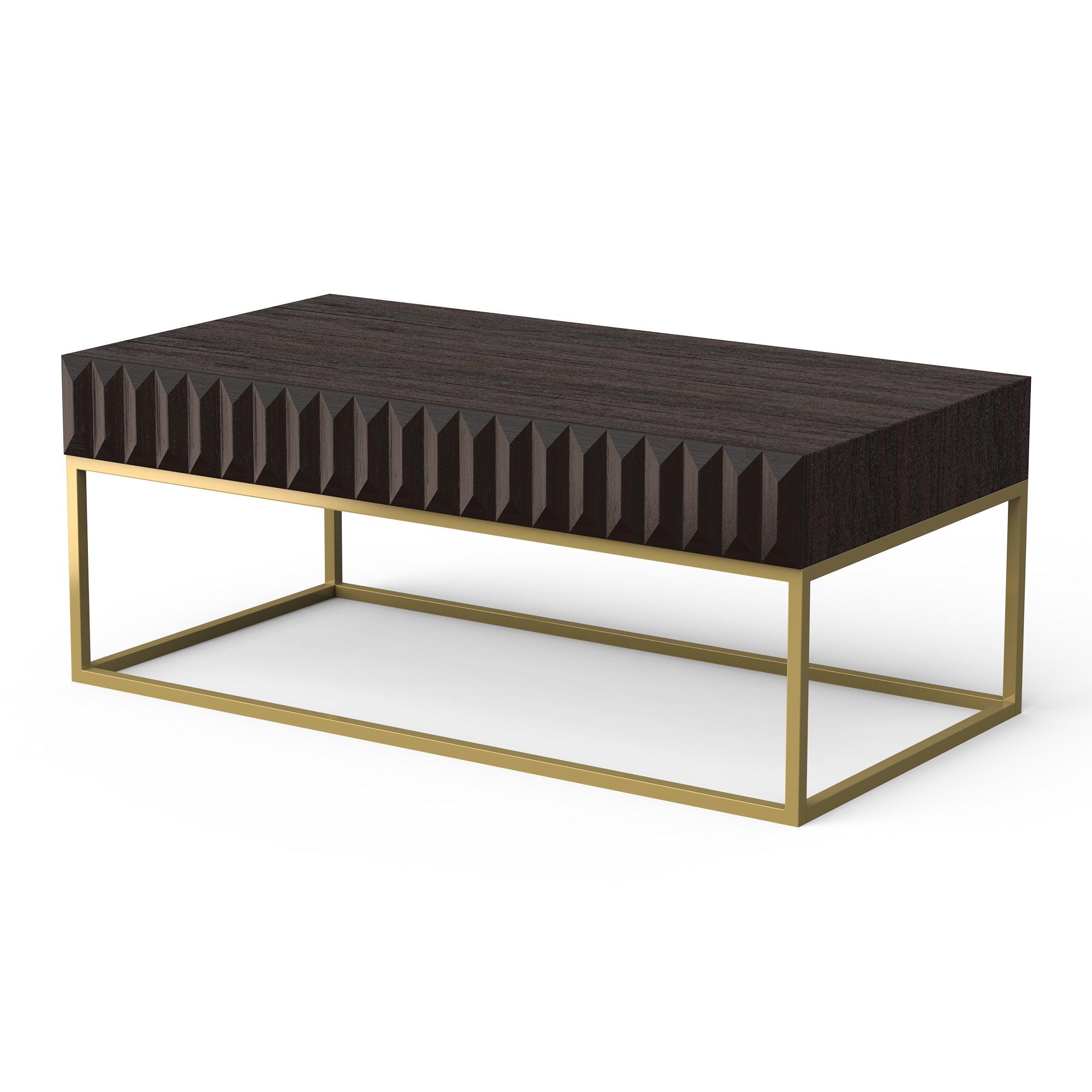 Walnut & Gold Textured Coffee Table with Hidden Drawers - Modern Living Room Furniture for Small Spaces & Home Decor