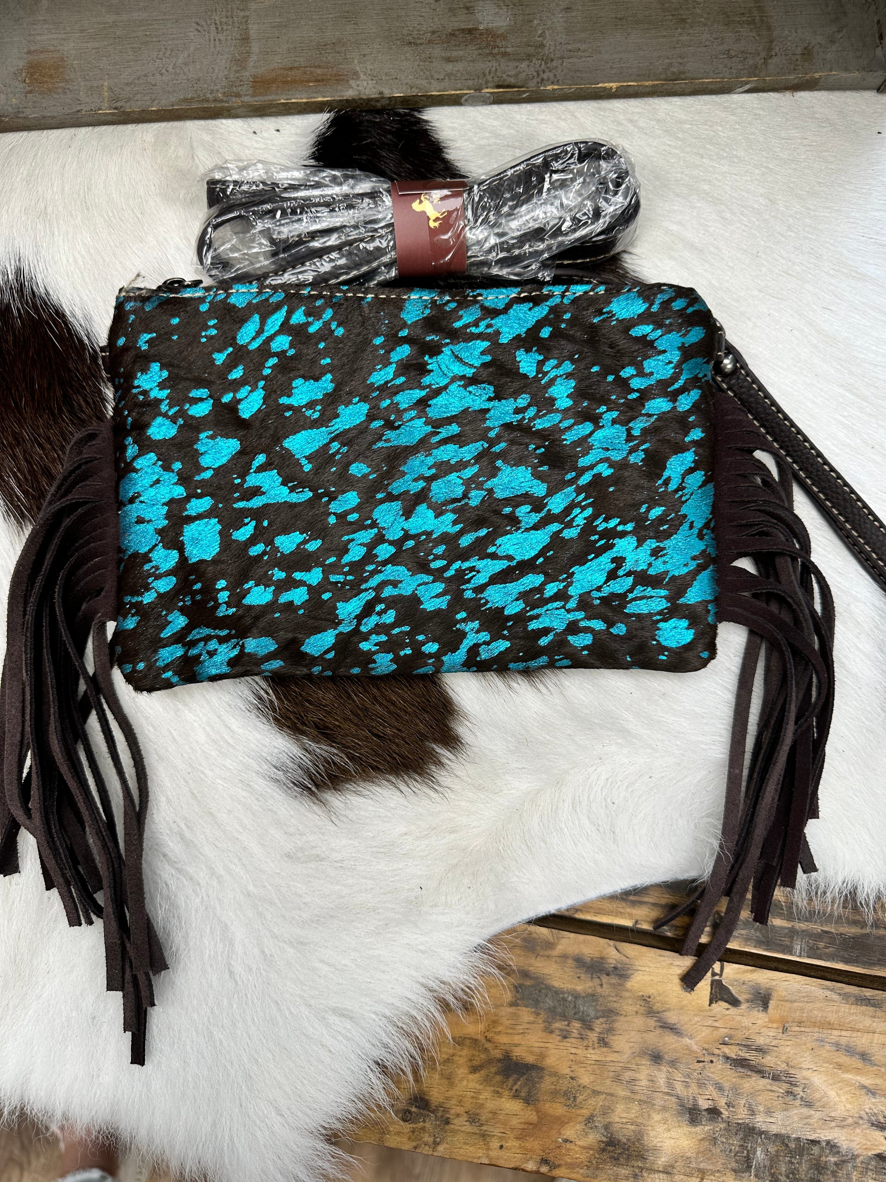 Montana West Blue Cowhide Wristlet Crossbody Purse with Fringe - Stylish Leather Handbag for Women, Perfect for Daily Use, Shopping & Travel Accessories