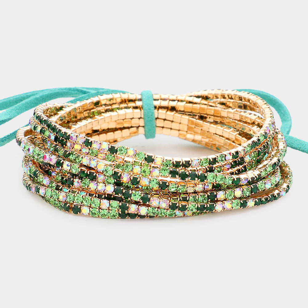 12-Pack Green Rhinestone Layered Stretch Pageant Bracelets - Gold Tone Fashion Jewelry for Women & Teens - Perfect for Dance Competitions, Pageants, and Special Occasions