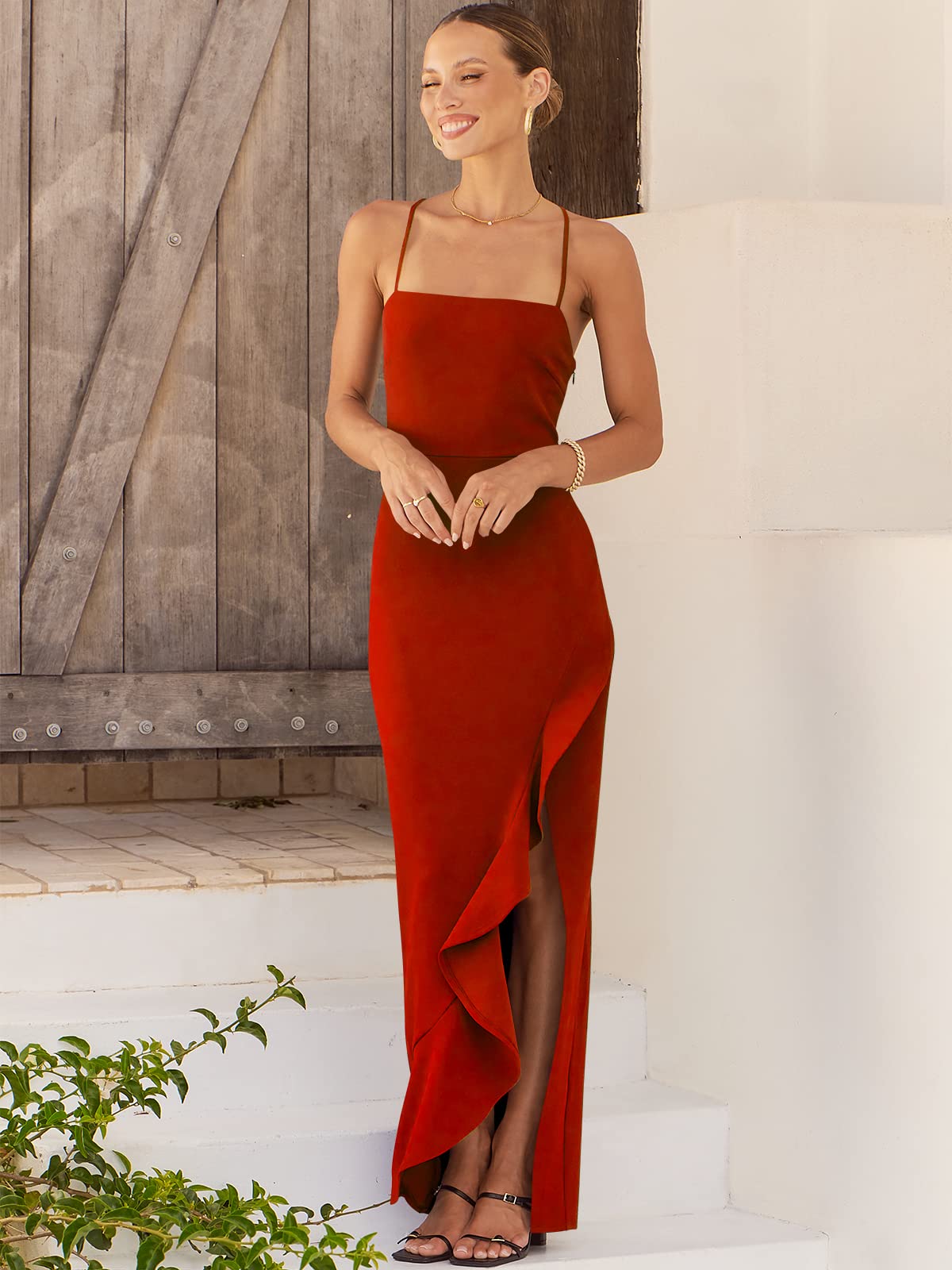 ANRABESS Women's Prom Dress 2024 | Summer Bodycon Formal Maxi Dress with Ruffle & Side Split | Cocktail, Wedding Guest & Date Night Gown | Perfect for Parties, Dances & Special Occasions