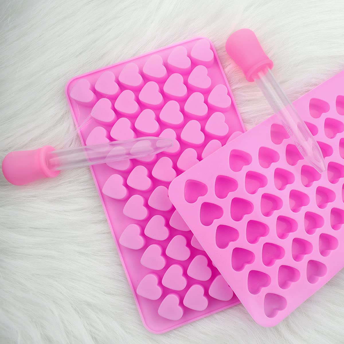 2 Pack Silicone Mini Heart Molds with Droppers - Heart Shape Ice Cube & Candy Molds for Chocolate, Gummy, Soap, Jelly, Cake - Baking & DIY Crafts - Perfect for Valentine's Day, Parties & Home Decor (Pink)
