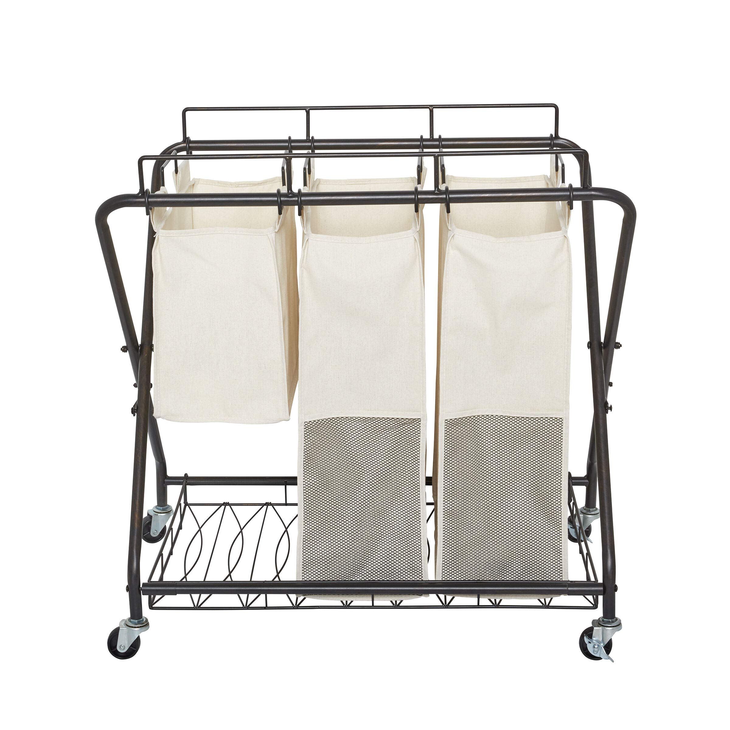 Verona 3-Bag Rolling Laundry Hamper Cart with Wheels - Foldable Clothes Hamper for Bedroom, Bathroom & Laundry Room Organization - Black