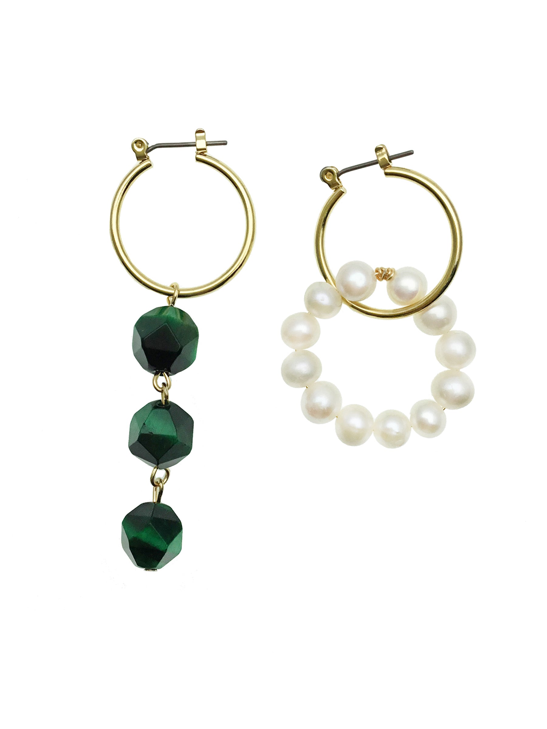 Malachite & Freshwater Pearls Asymmetric Clip-On Earrings for Women - Fashion Statement Jewelry for Parties, Weddings & Special Occasions - CE034