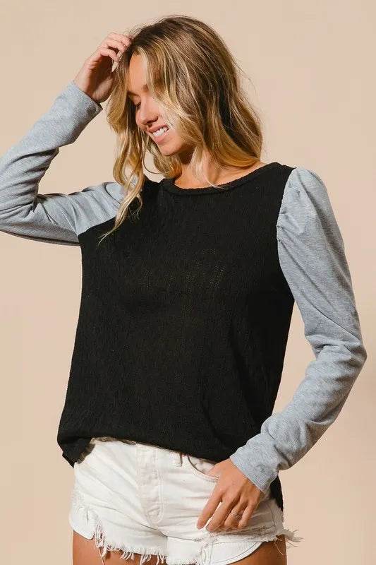 BiBi Cable Knit Sweater Top with Contrast Puff Sleeves | Women's Casual Winter Pullover | Perfect for Office, Date Night & Holiday Outfits